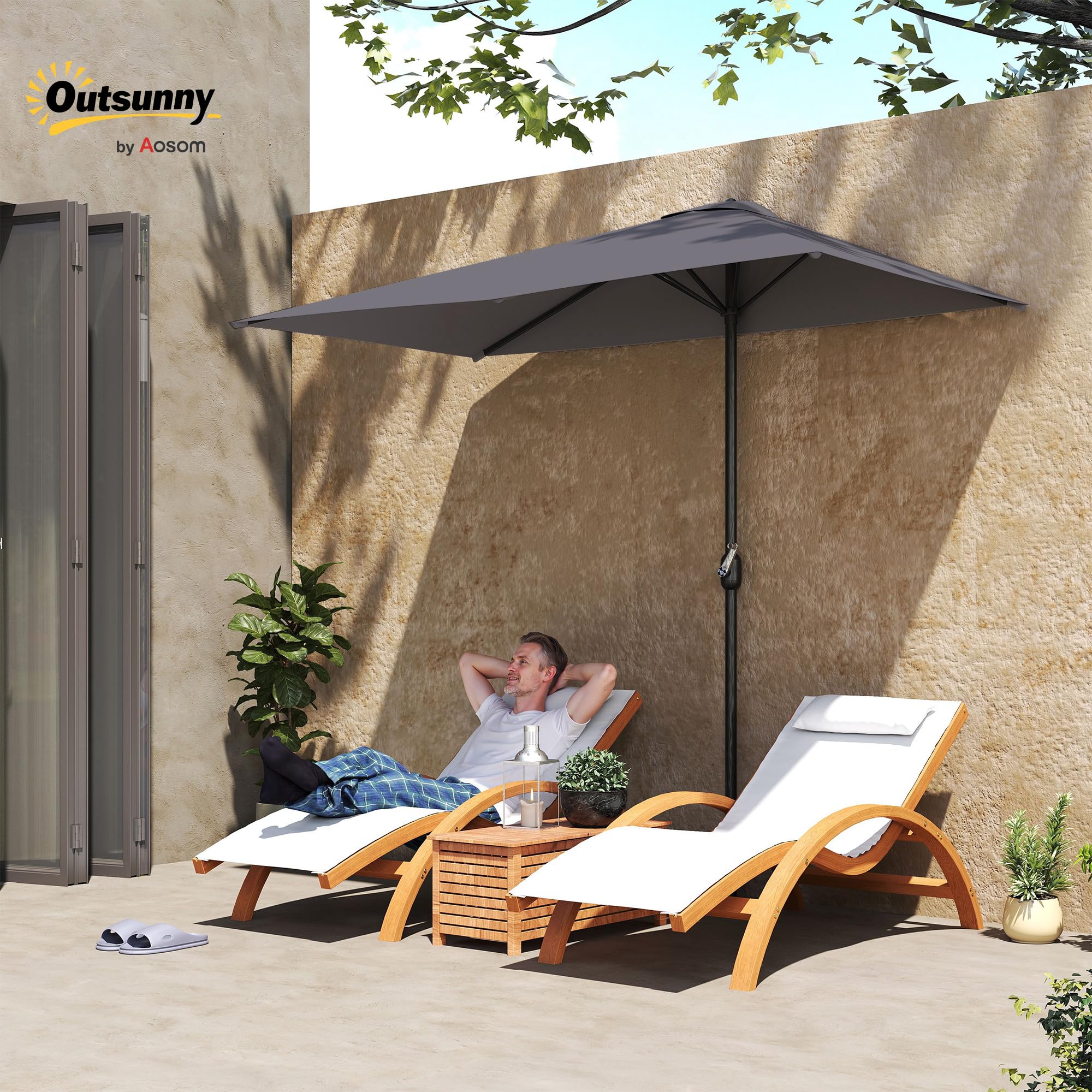 Outsunny Ombrellone Mezzaluna da Parete e Muro 2.3x1.3 m con Apertura a Manovella, Ombrellone da Giardino con 5 Stecche in Metallo e Poliestere 180g/㎡, Anti UV, per Terrazza e Balcone
