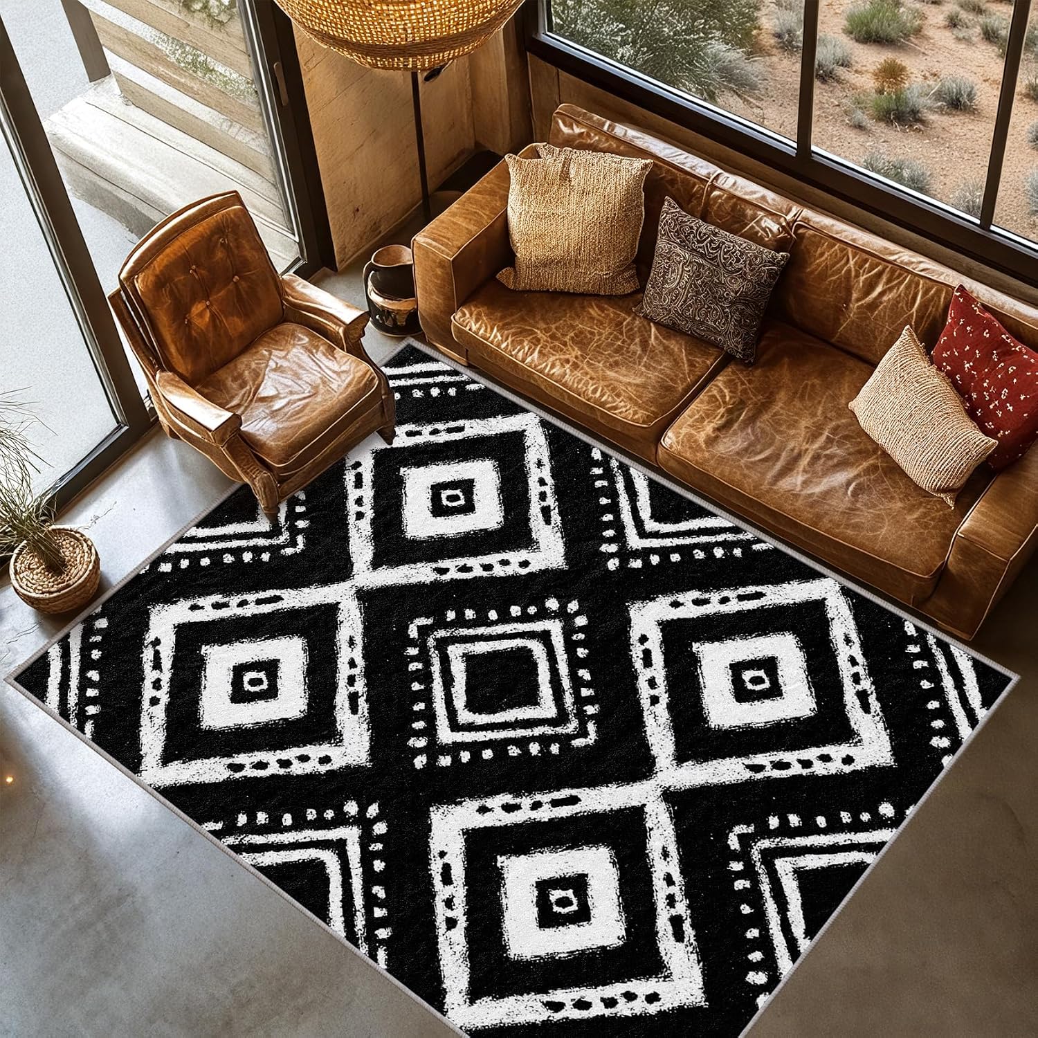 Native American Rugs for Living Room - Aztec Rug 4x5, Southwestern Black and White Navajo Area Rugs, Rustic Vintage Ethnic Carpet, Washable & Non Slip & Soft Large Carpets Room Decor #A043