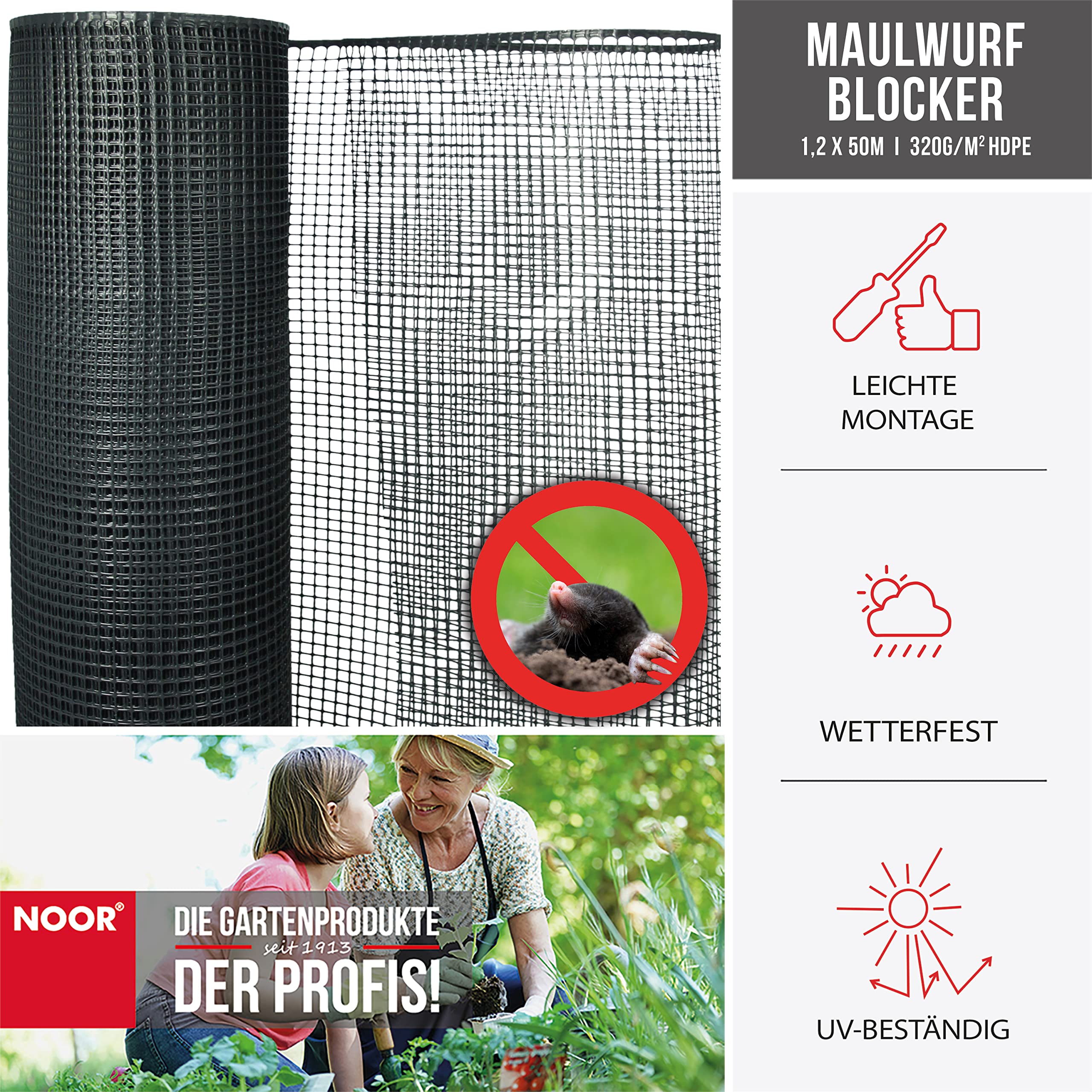 NOOR Kratka na krety, 1,2 x 50 m, 320 g/m², czarny bloker kretów, zapobiega uszkodzeniom ogrodowym przez krety, odporna na gnicie siatka chroniąca krety