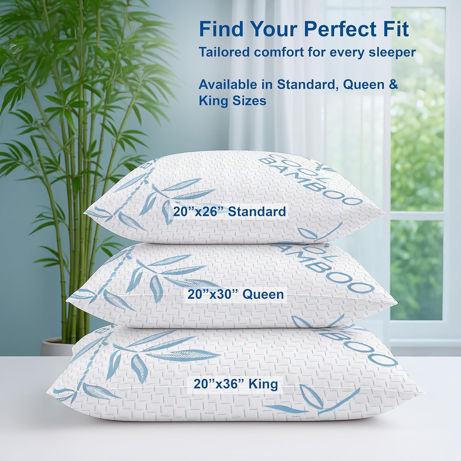 OMEO 2 Pack Bamboo Pillow Standard Size for Sleeping, Hypoallergenic Cooling Shredded Memory Foam Bed Pillows for Side, Back and Stomach Sleepers, Adjustable Loft and Washable Cover 20" x 26" 2 Pack Standard