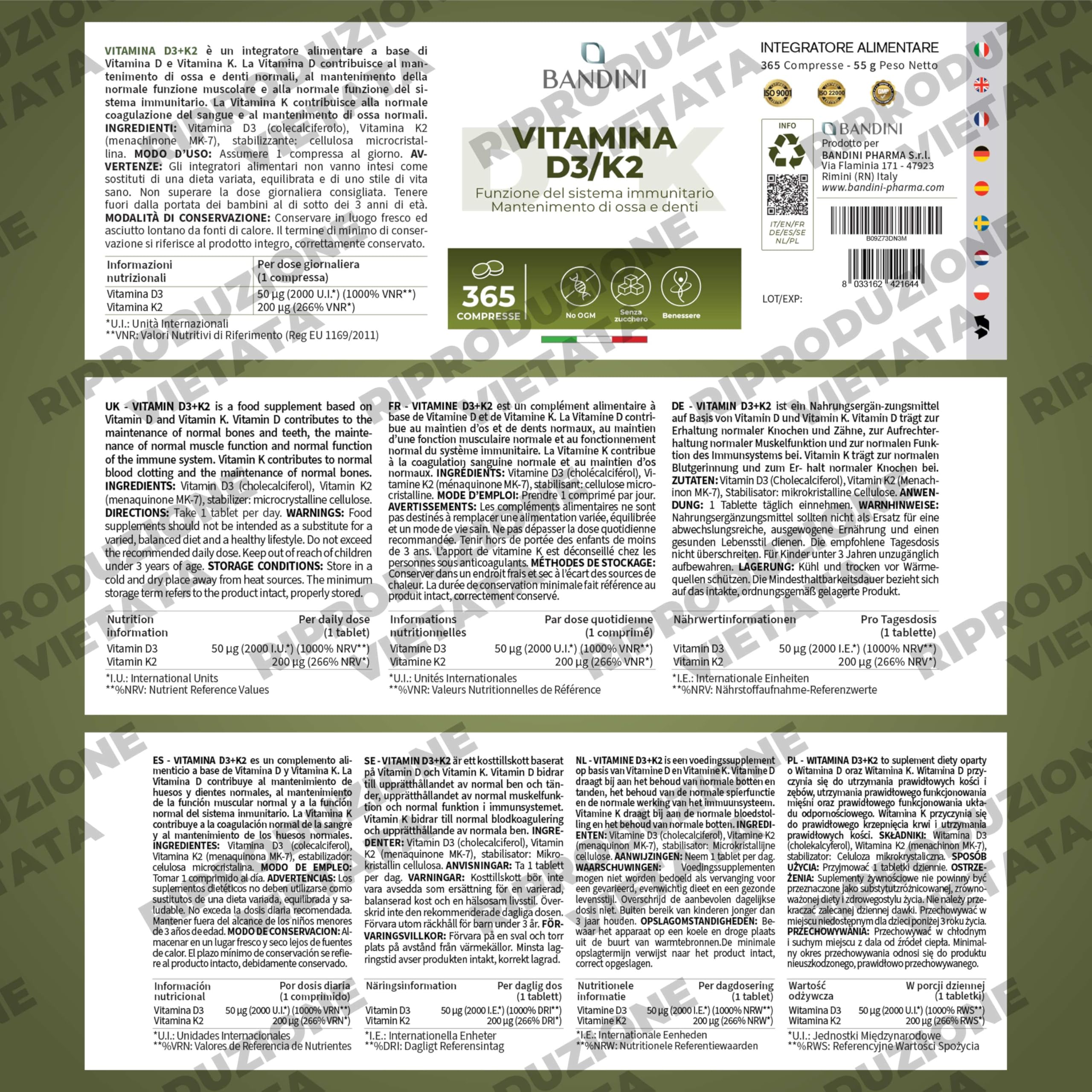 Bandini® Vitamina D3 K2 | 365 COMPRESSE (12 Mesi) | Vitamina D 2000 UI + 200 mcg Vitamin K | Vitamine MK-7 99% All Trans Vit D3+K2 | Per Ossa, Denti, Muscoli, Articolazioni & Sistema Immunitario