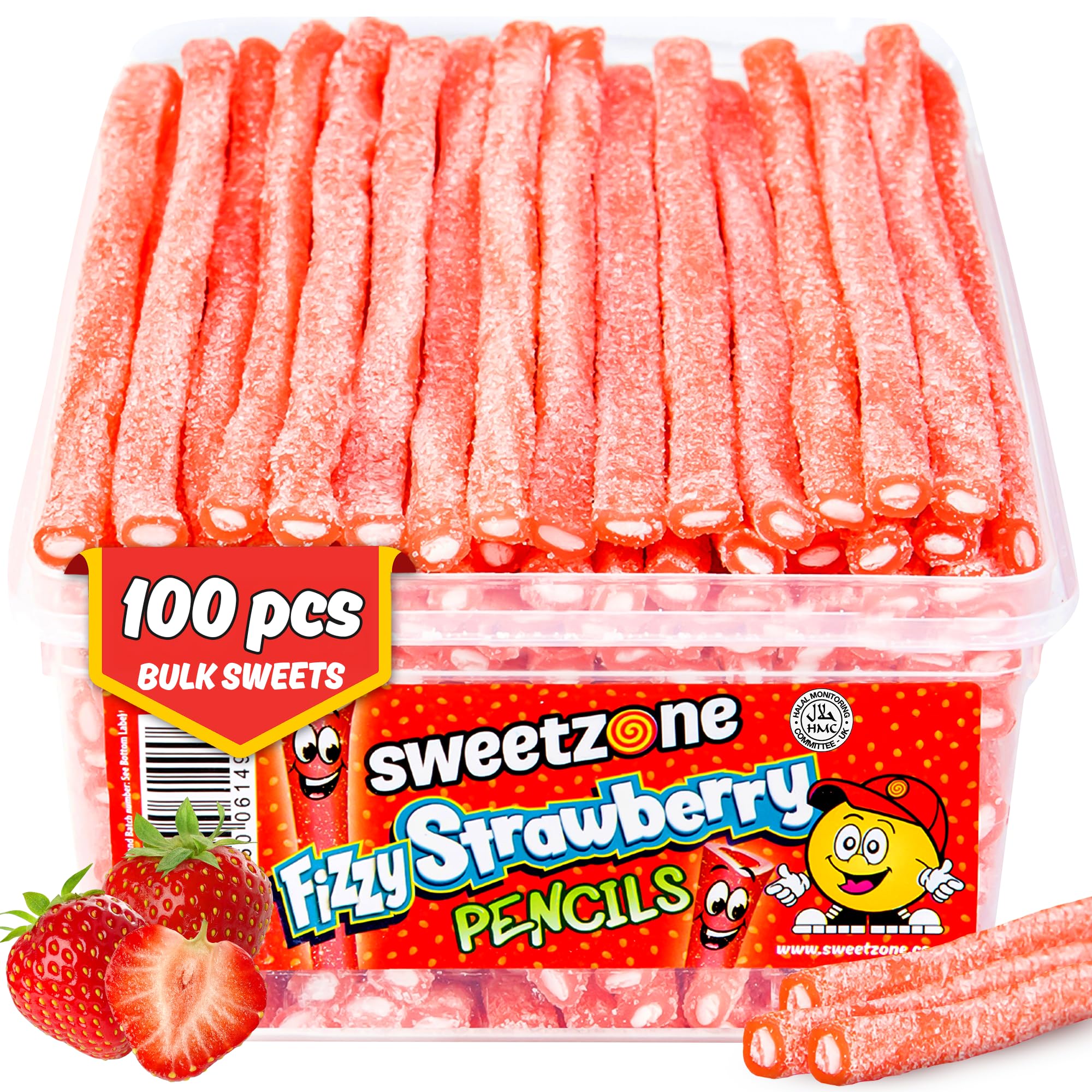 SweetzoneFizzy Strawberry Pencils, Sweet Tub 100 pcs, Retro Sweets Tub, Candy Sticks, Halal Sweet, Sweets Bulk, Gummy American Candies, UK British Candy Enthusiasts