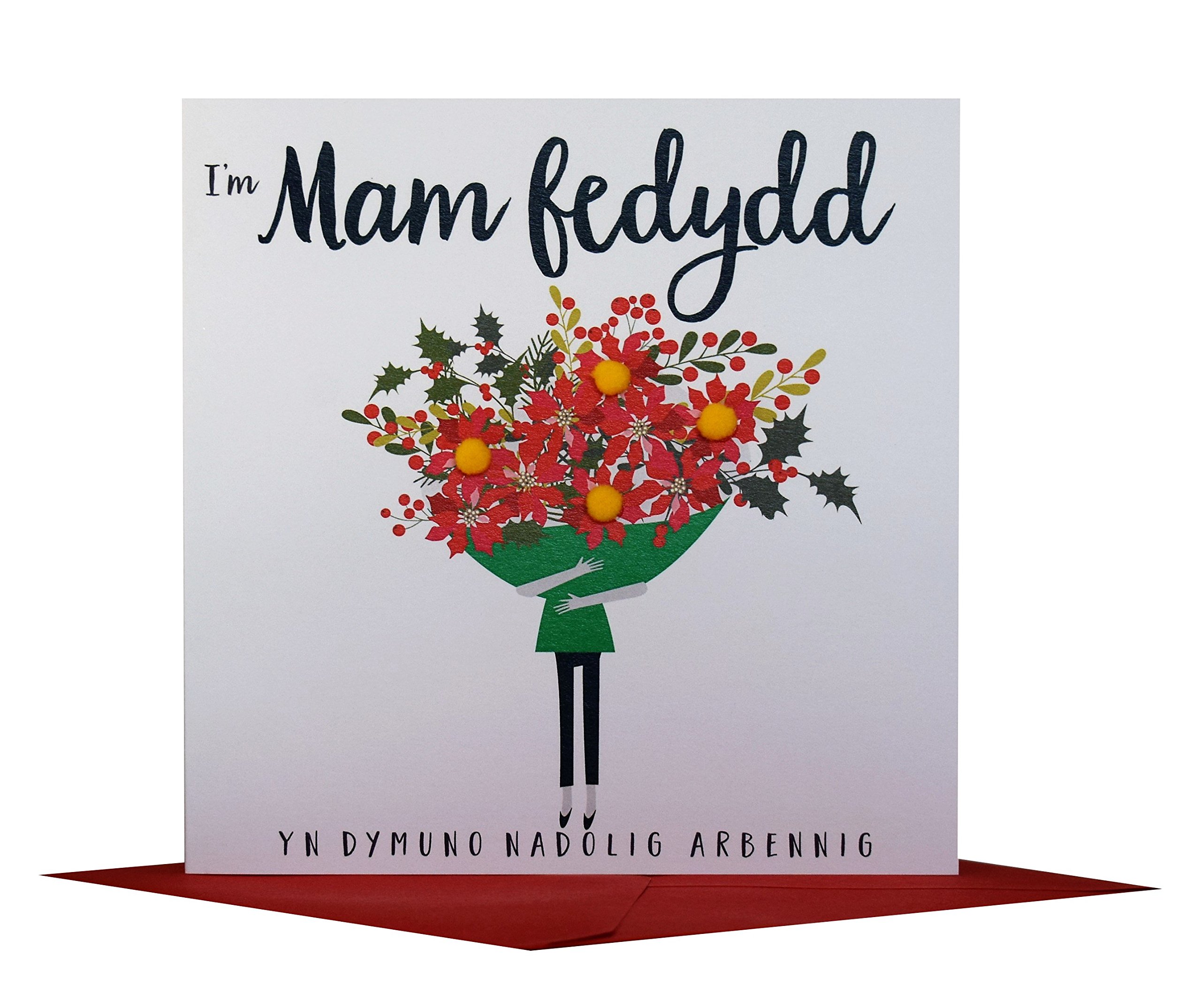 Claire Giles Greeting Cards, Welsh Happy Christmas Godmother Card, Nadolig Llawen Mam Fedydd, Embellished with Colourful Pompoms