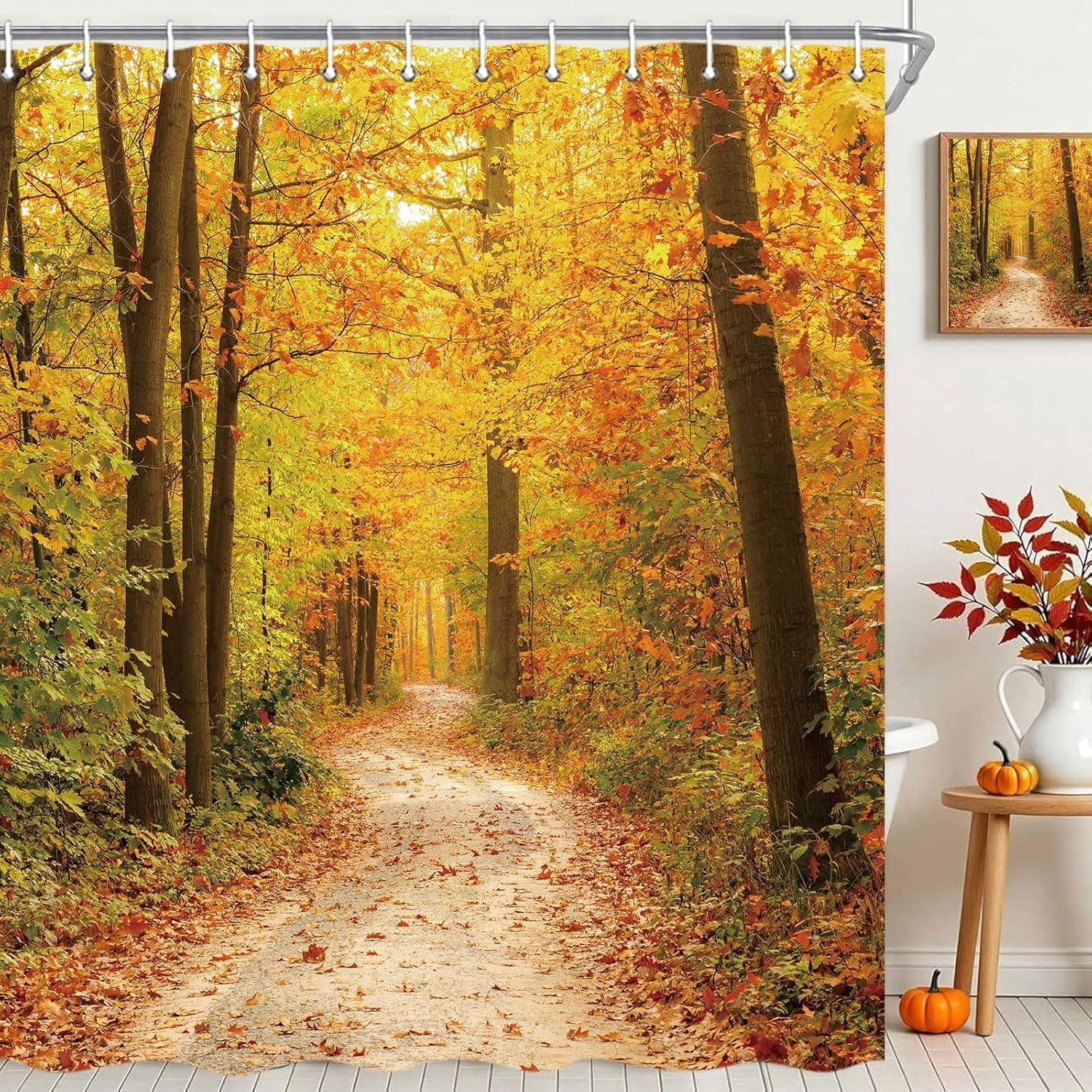 JAWO Duschvorhang-Set 'Herbstwald' – Mit Hirsch-Motiv, Rustikalem Design & Haken, 183 X 183 Cm, Aus Polyester
