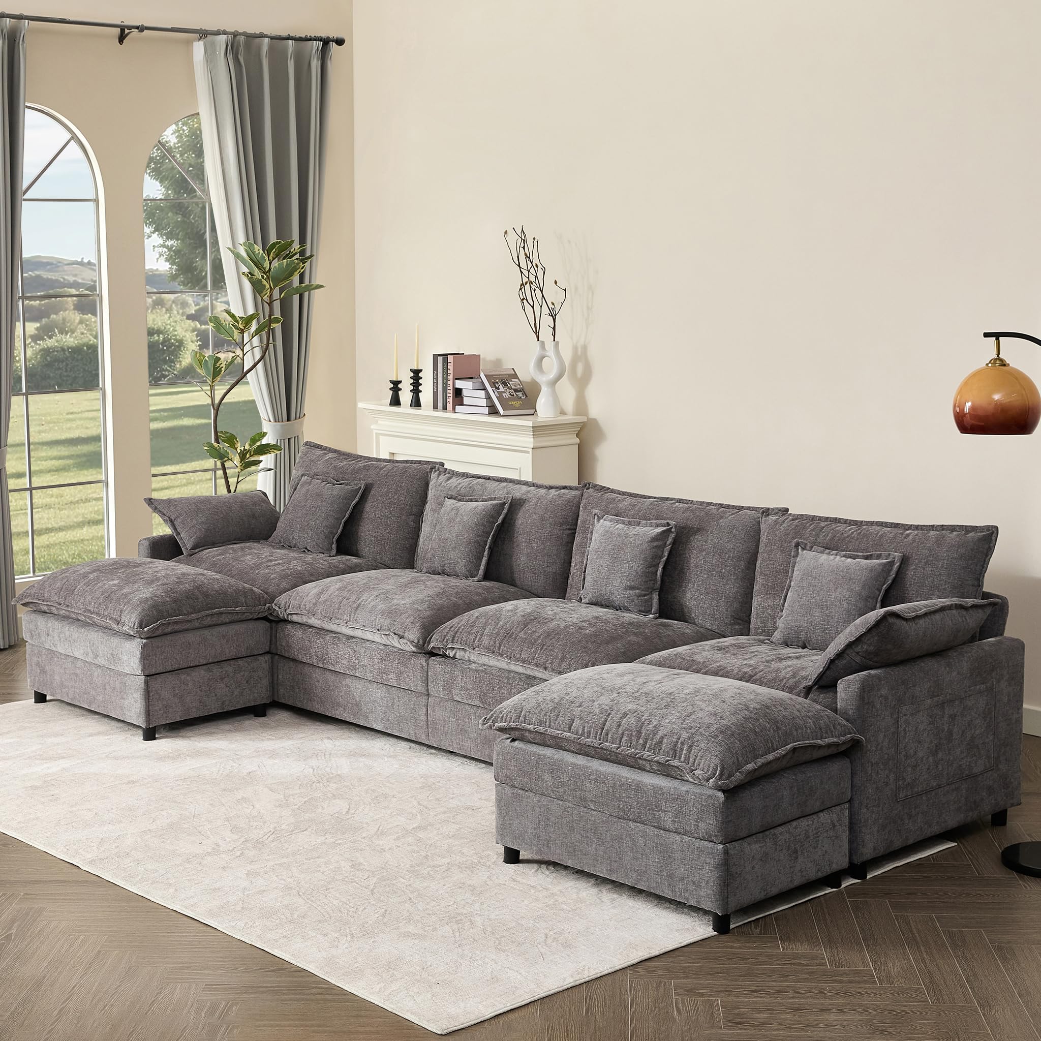 142.5" U Shaped Couch, Modular Sectional Sofa, 3-Seater Comfy Cloud Couch, Set of Modular Pieces with Movable Ottoman, Deep Seat Couches for Living Room, Chenille, Slate