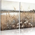 Wildflower Botanical Wall Art Decor Set of 2 Vintage Canvas Wall Decor Landscape Field Wall Art Pictures Farmhouse Prints Landscape Painting Vintage Artwork for Room Bedroom 16x24 Inch Unframed
