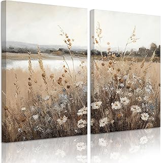 Wildflower Botanical Wall Art Decor Set of 2 Vintage Canvas Wall Decor Landscape Field Wall Art Pictures Farmhouse Prints Landscape Painting Vintage Artwork for Room Bedroom 16x24 Inch Ready to Hang