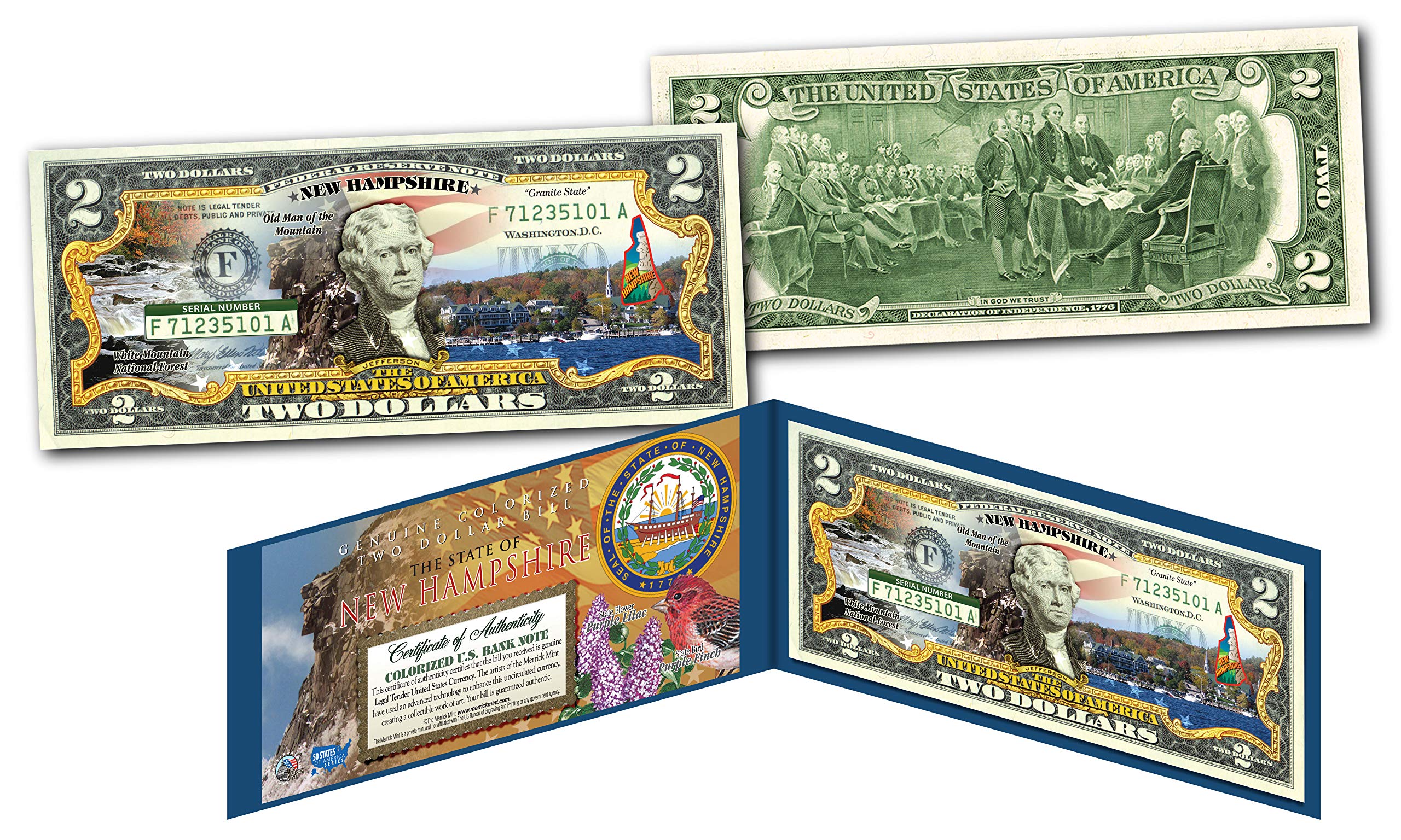 New Hampshire Art Two-Dollar Bill with Certificate Honoring America's 50 States