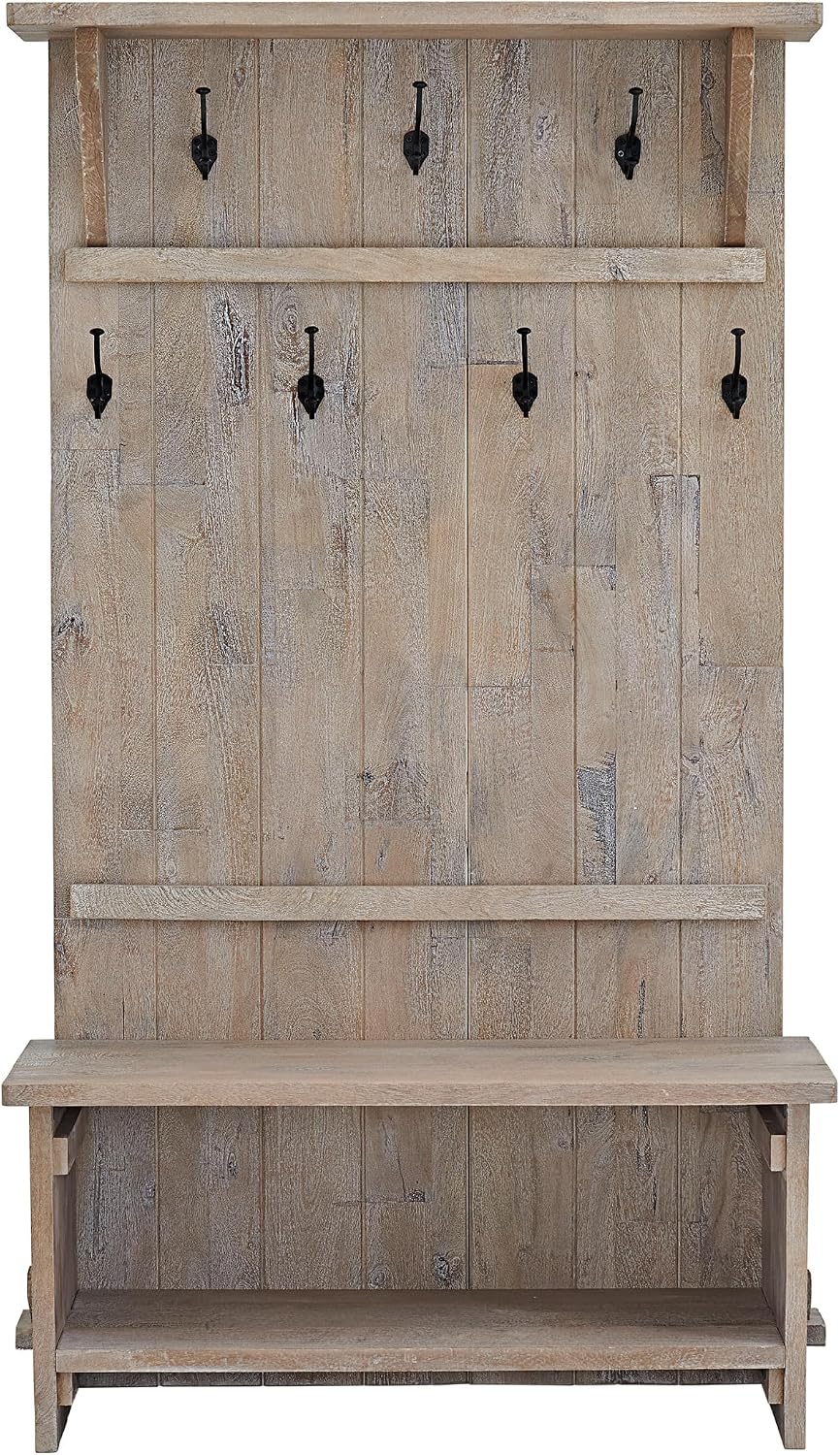 Alaterre Furniture Bethel 70-Inch Hall Tree with Bench, Shelves & Coat Hooks – Solid Mango Wood Entryway Organizer in Driftwood Finish