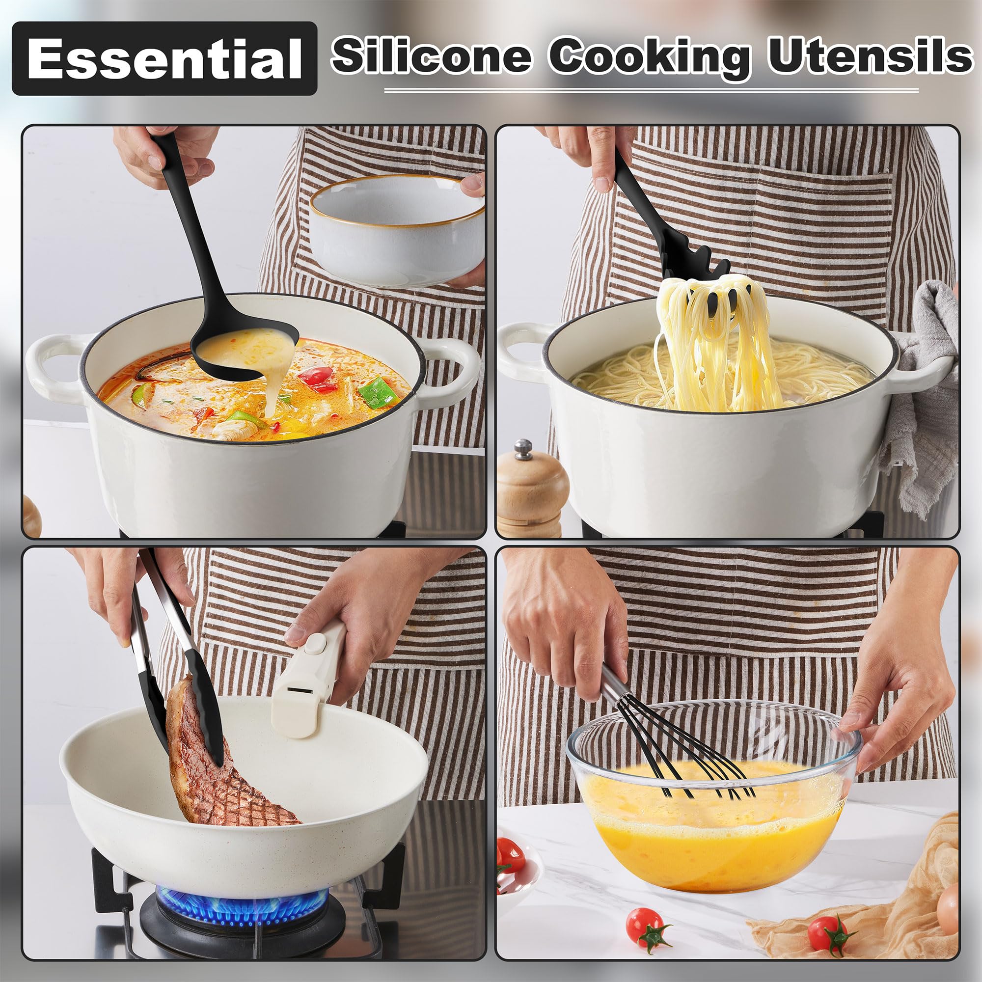 LIANYU Juego de 14 utensilios de cocina con soporte, utensilios de cocina de silicona resistentes al calor, incluye espátula, cuchara, batidor, pinzas, aptos para lavavajillas, color negro
