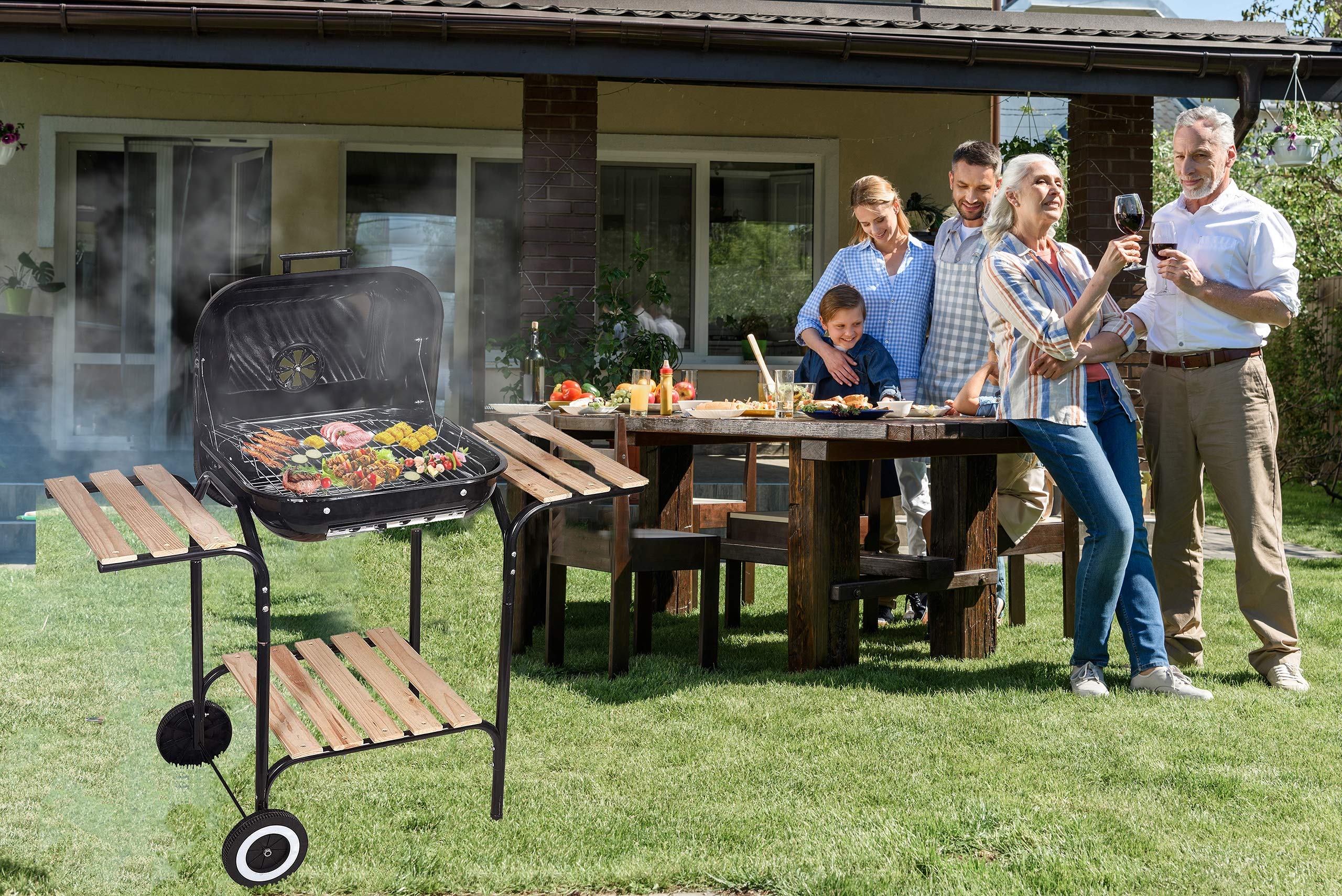 GrillMaster Kohlegrill EmaBend GM3000 + Gebläse, Gartenbau, Karbon, Mit Rollen, Holzböden