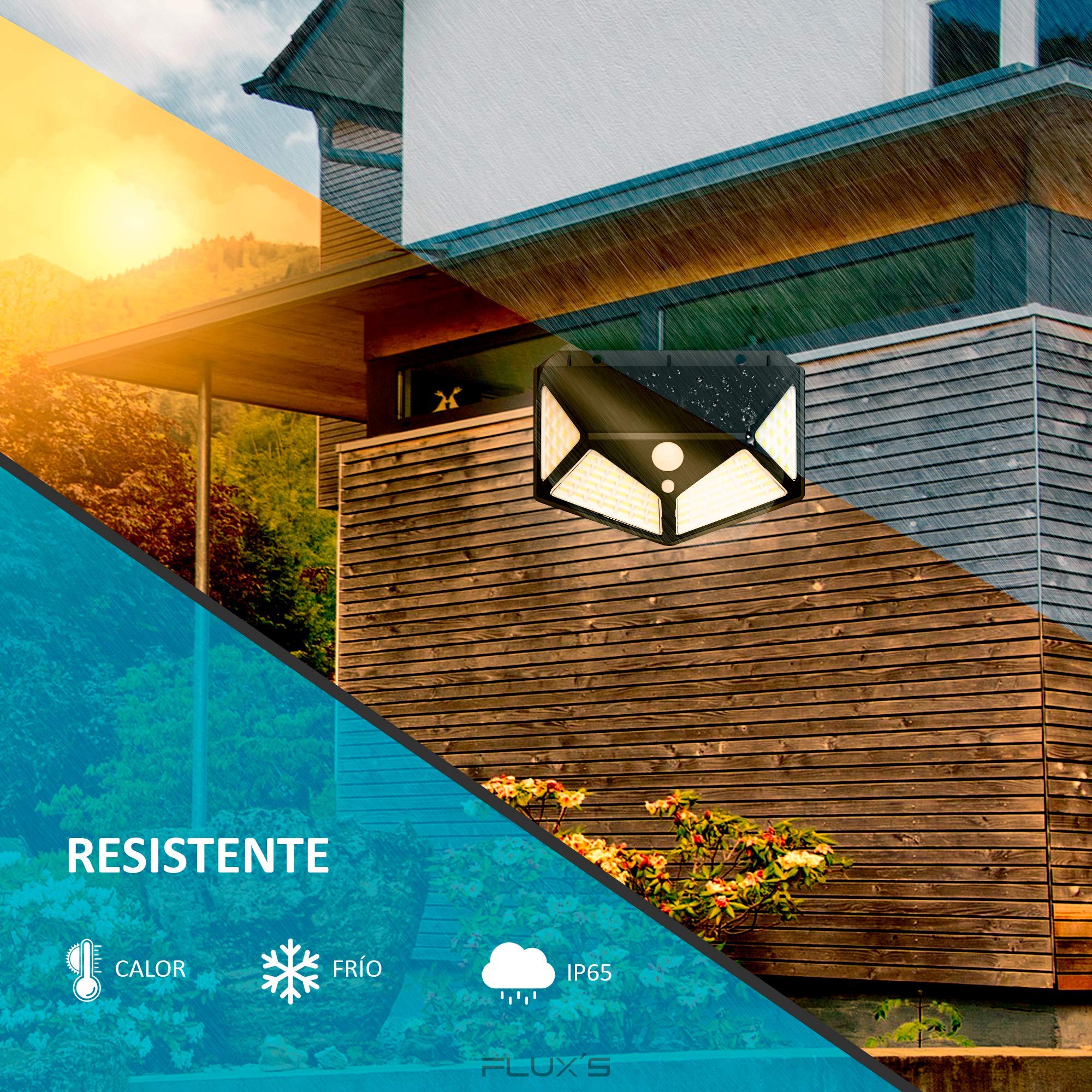 Luz Solar Exterior LED, FLUX'S, Foco Solar Exterior con Sensor de Movimiento, Impermeable e Inalámbrico, 3 Modos de Iluminación, Ángulo 270°, Para Jardín o Garaje - Pack de 2 uds