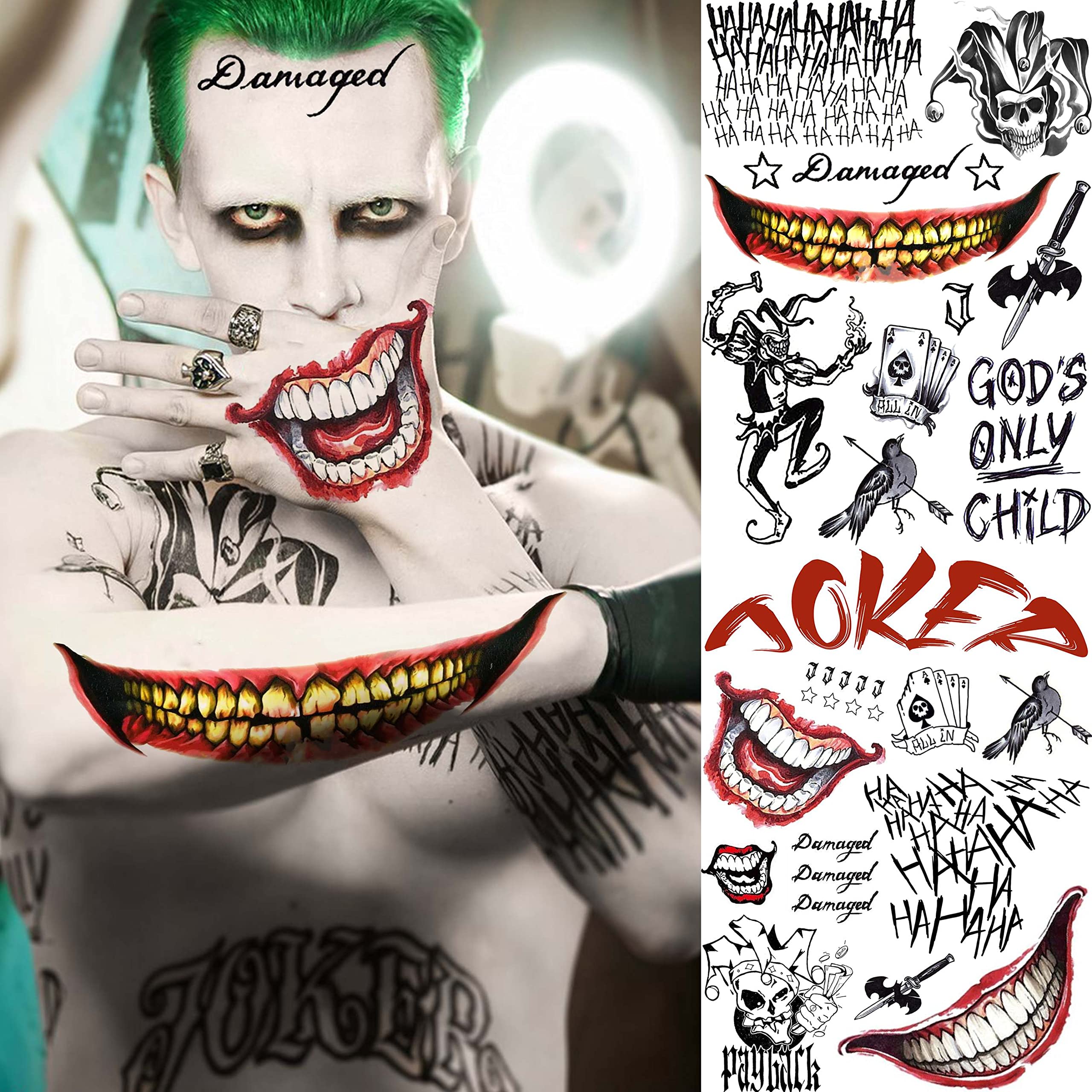 LAROI 5 Sheets 3D Joker Temporary Tattoos for Men Women Men Adults Fake Joker Tattoo Sticker Halloween Makeup Kit - Image 3