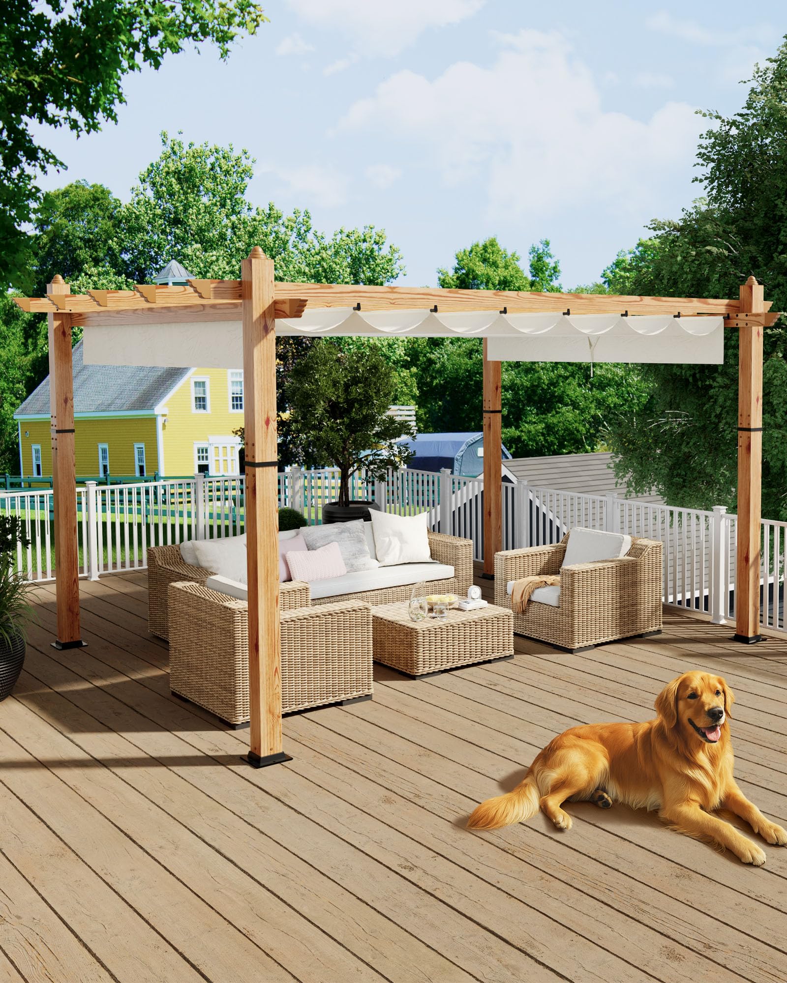 KYBOLT 10x13 Ft Outdoor Pergola Faux Wood Grain Aluminum Gazebo with Retractable Canopy for Patio Modern Backyard Deck Porch Grape Trellis(Beige)
