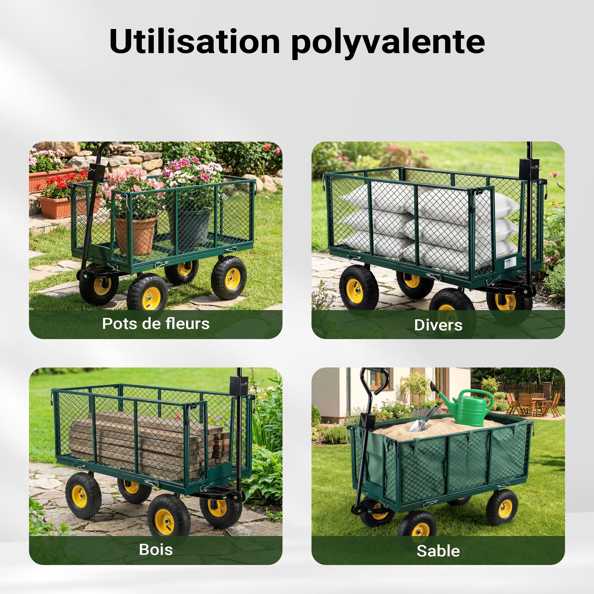 Wiltec Chariot Transport XXL Pliable – 1140 x 520 x 1050 mm – capacité 550 kg – avec Bâche Amovible, Pneus Robustes et Grille de Rangement – Diable Jardin Jardinage Outils Outillage