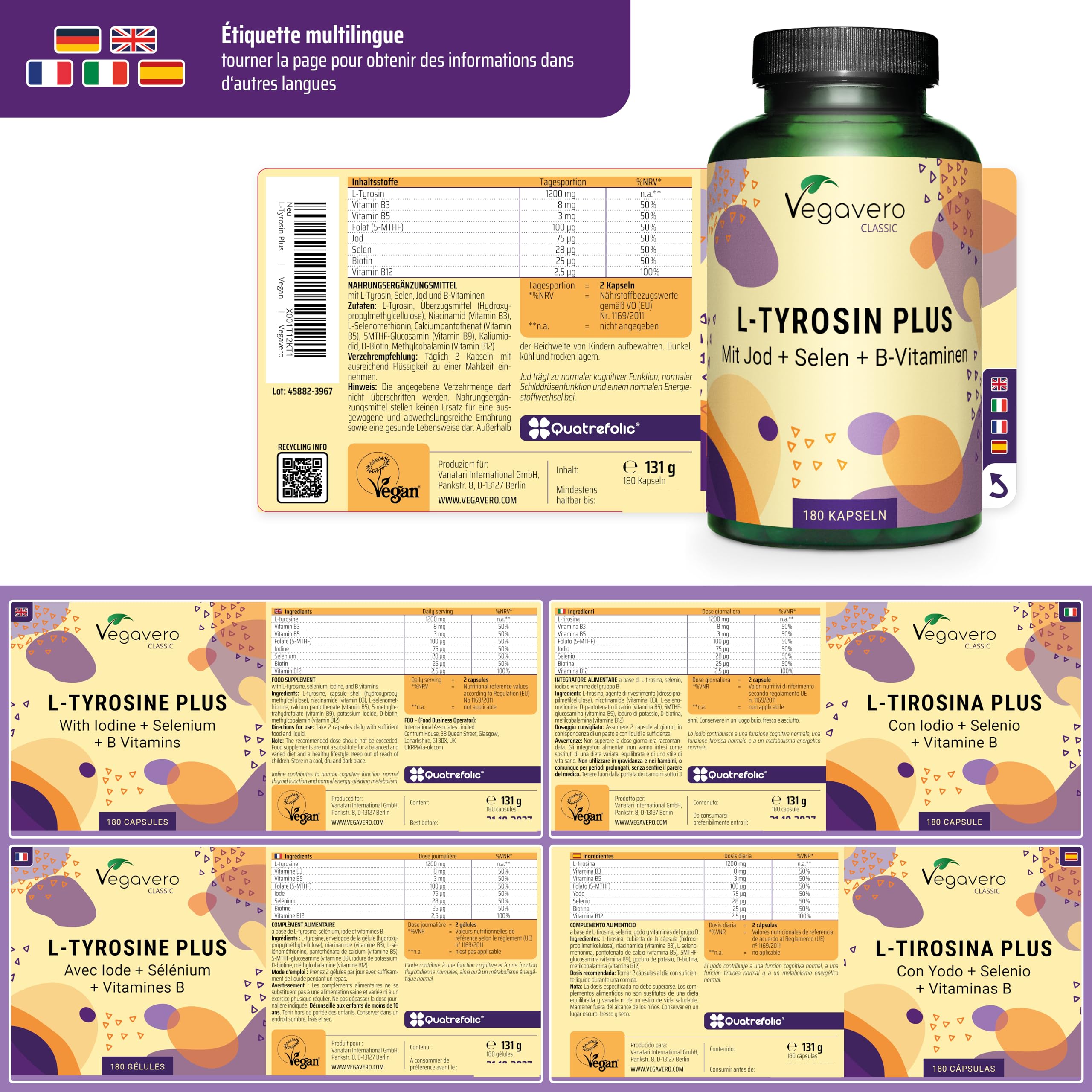 Vegavero L-Tyrosine Plus 1200 mg | THYROIDE* | Avec Iode, Selenium et Vitamine B | Énergie + Fatigue Mentale | 180 Gélules | VEGAN et SANS ADDITIFS