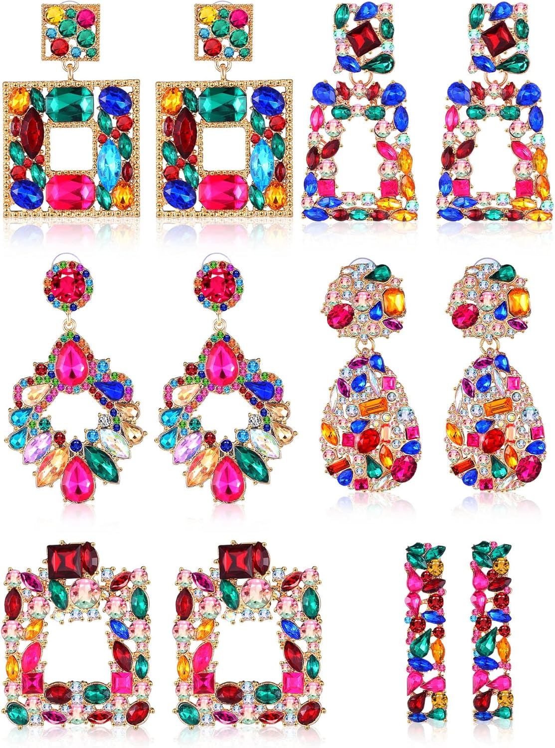 Kigeli 6 Pairs Multicolor Earrings for Women Rhinestone Colorful Statement Crystal Geometric Drop Dangle Teardrop Diamond Earrings for Christmas Prom Party Jewelry Gifts Collection