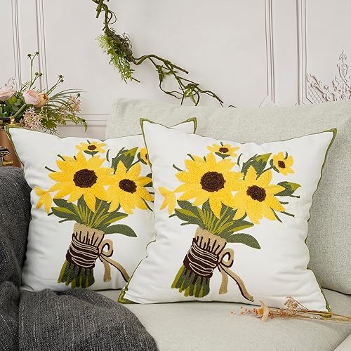 Miniatura 2 de YOUR SMILE Paquete de 2 fundas de almohada decorativas bordadas de 18 x 18 pulgadas, fundas de almohada florales de granja para sofá, sala de estar,