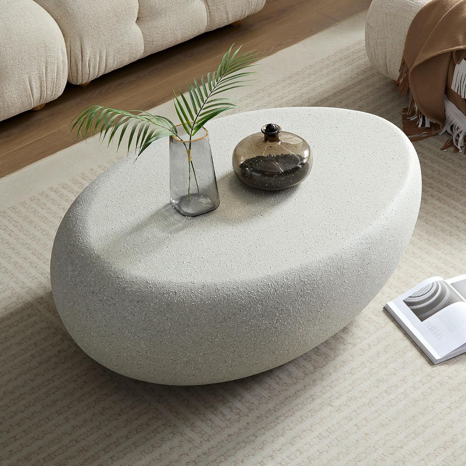 Beige Fiberglass Oval Coffee Table with Matte Finish