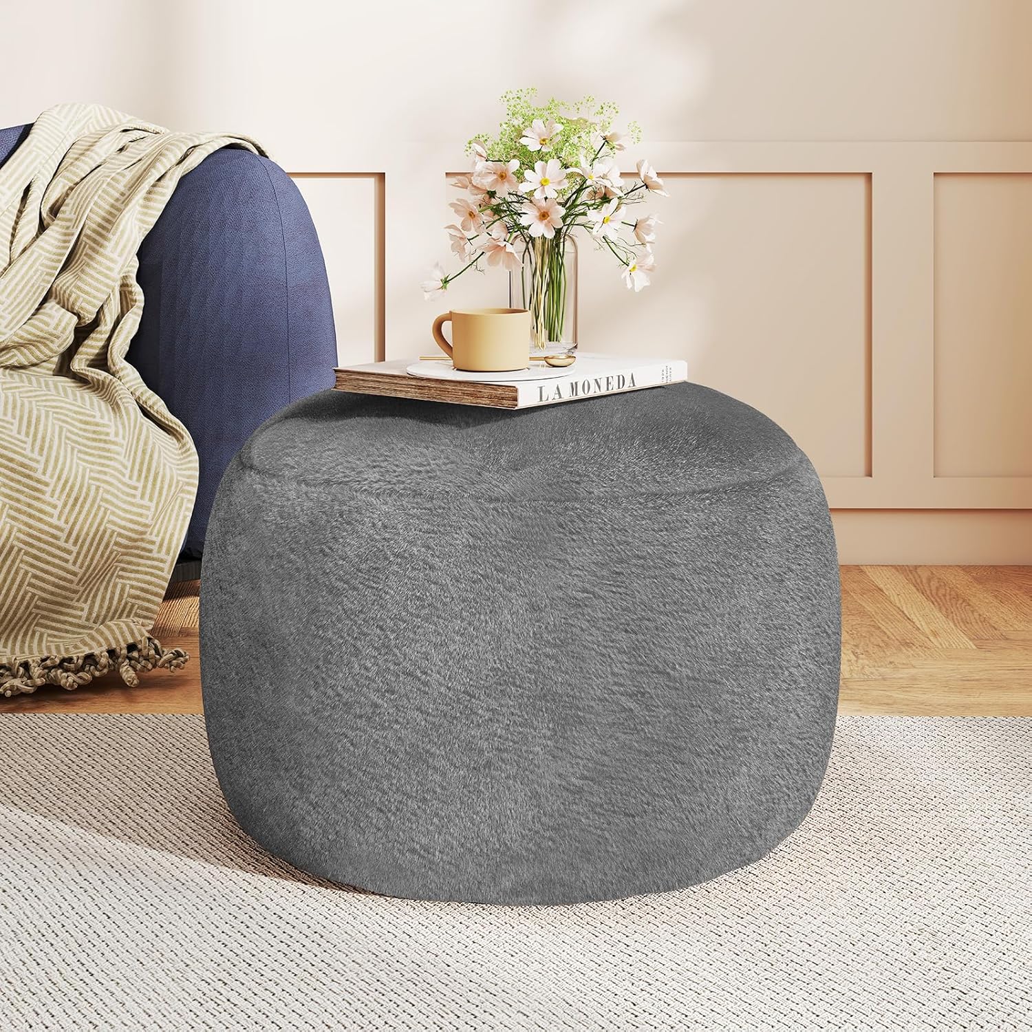 Gericco Grey Round Stuffed Pouf Ottoman Foot Rest - 20 Inch Modern Foam Filled Floor Seat for Living Room, Nursery, Dorm