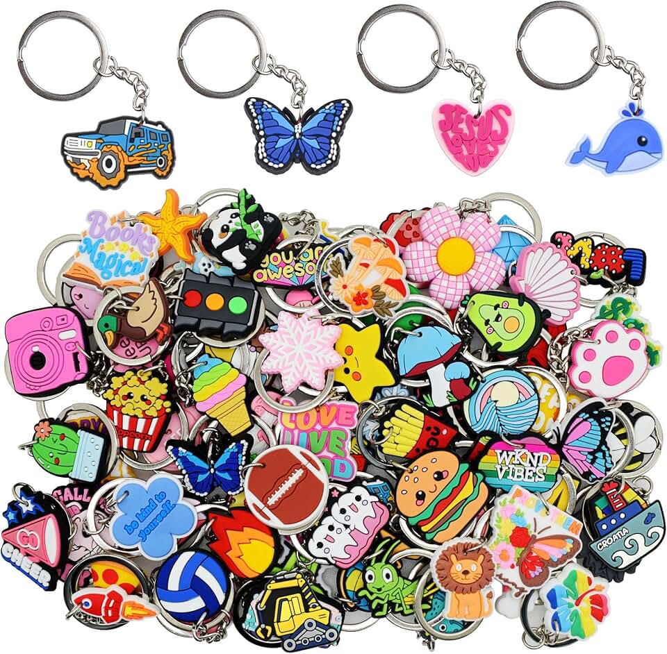 Gibleitz 30/50/100/200pcs Random Different Keychains, Lot Mixed Cute Keyring for Classroom Prizes Students Incentives
