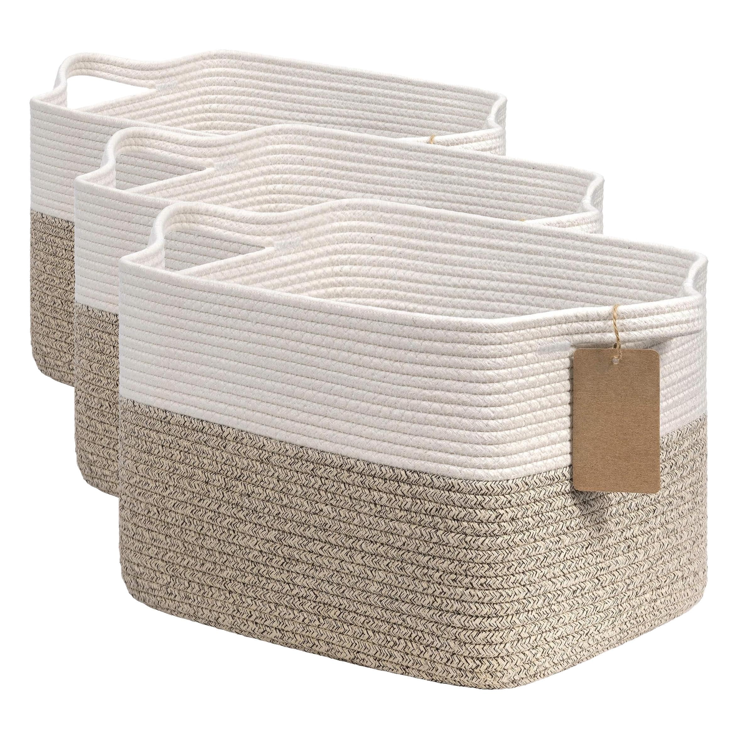 Goodpick Woven Storage Basket, Cotton Rope Basket for Dog Toys, Books, Stylish Gift Basket with Handles, 13 x 10 x 9 Inches Square Baskets for Organizing, Brown and White (Pack of 3)