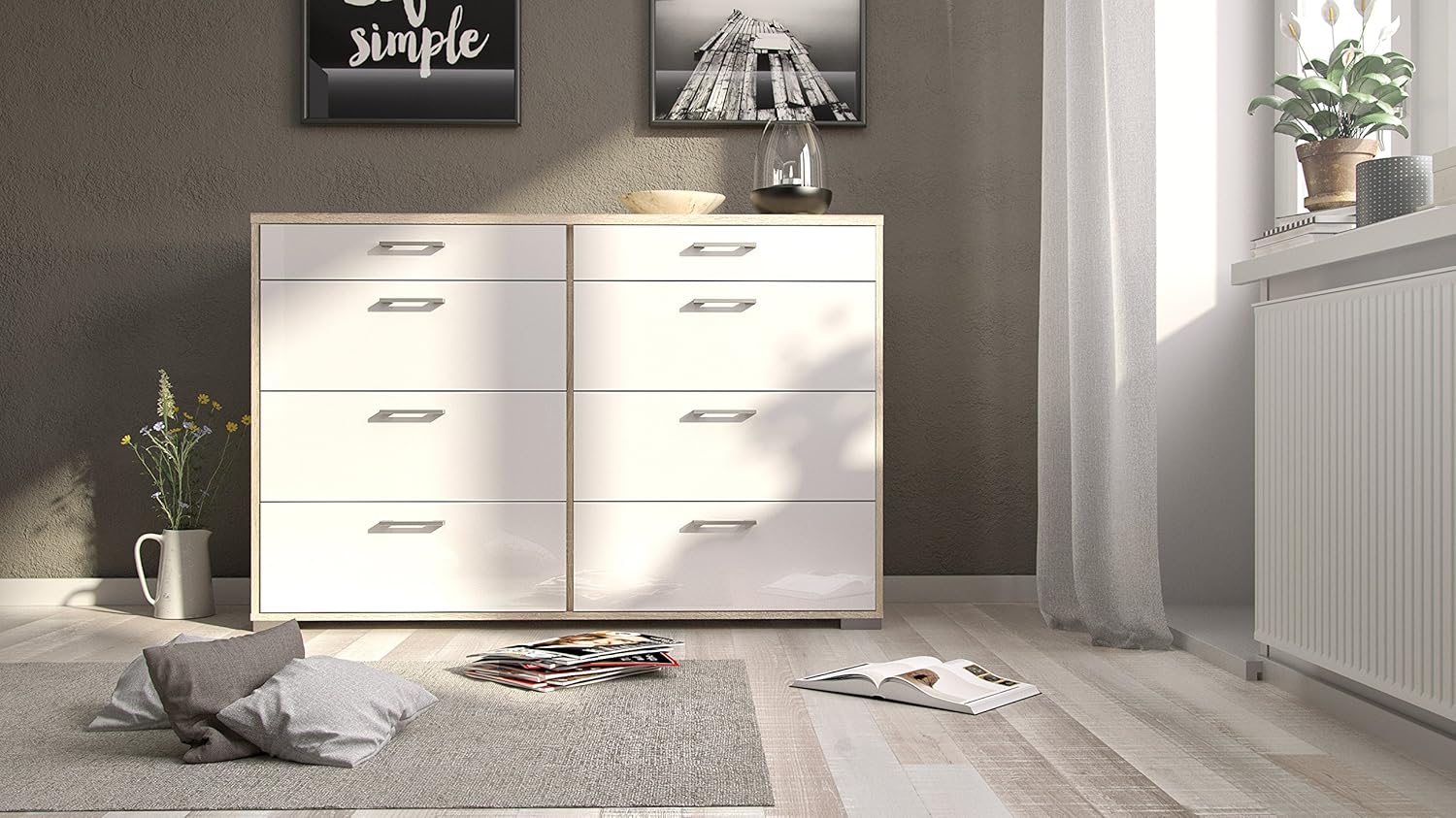 Tvilum Homeline 8 Drawer Double Dresser in a room setting
