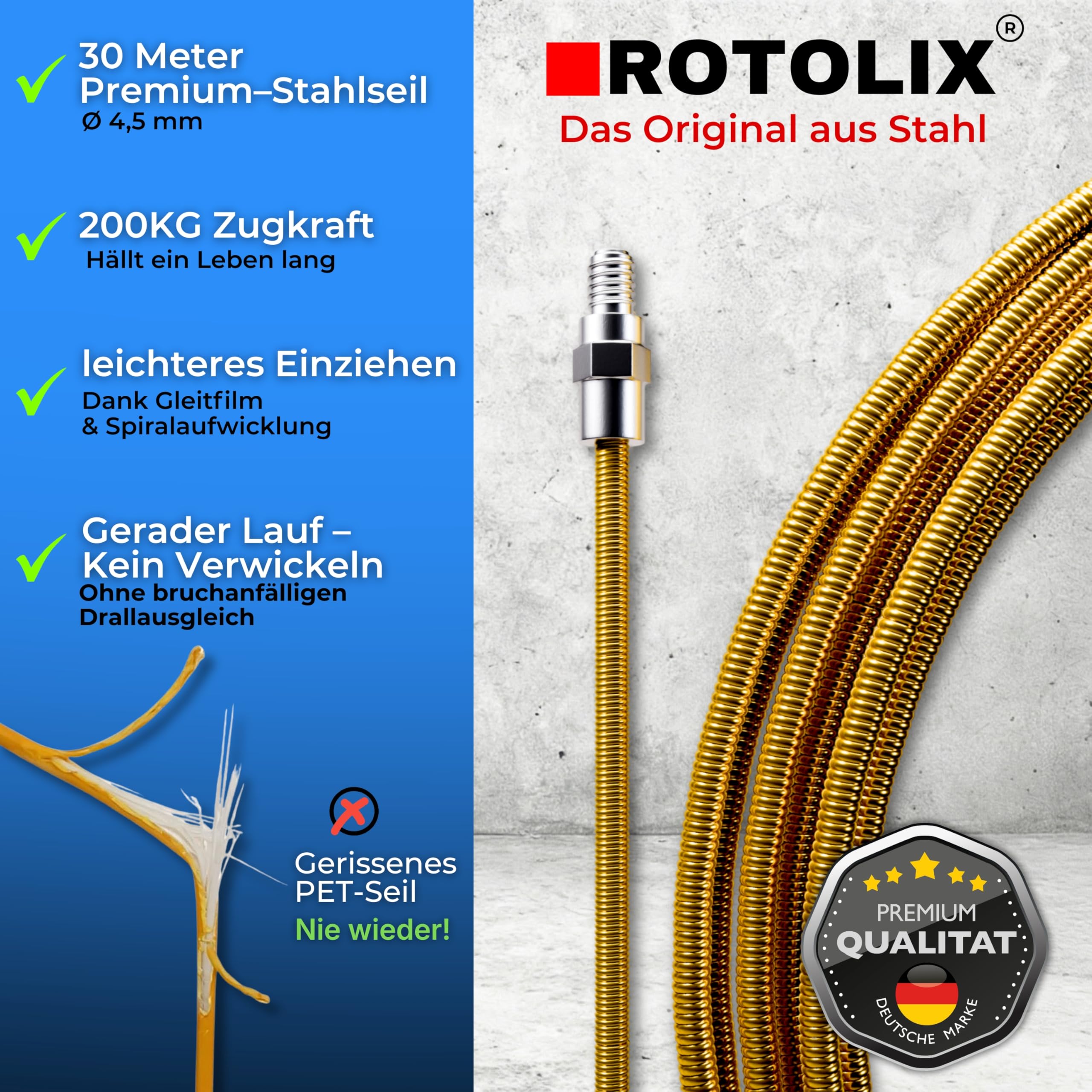 Kabeleinziehhilfe – Einziehspirale, 30m Kabel Einzugshilfe für Leerrohr mit Premium-STAHL-Seil & 200 KG Zugkraft | Einziehhilfe – Zugdraht für Elektro & Glasfaser