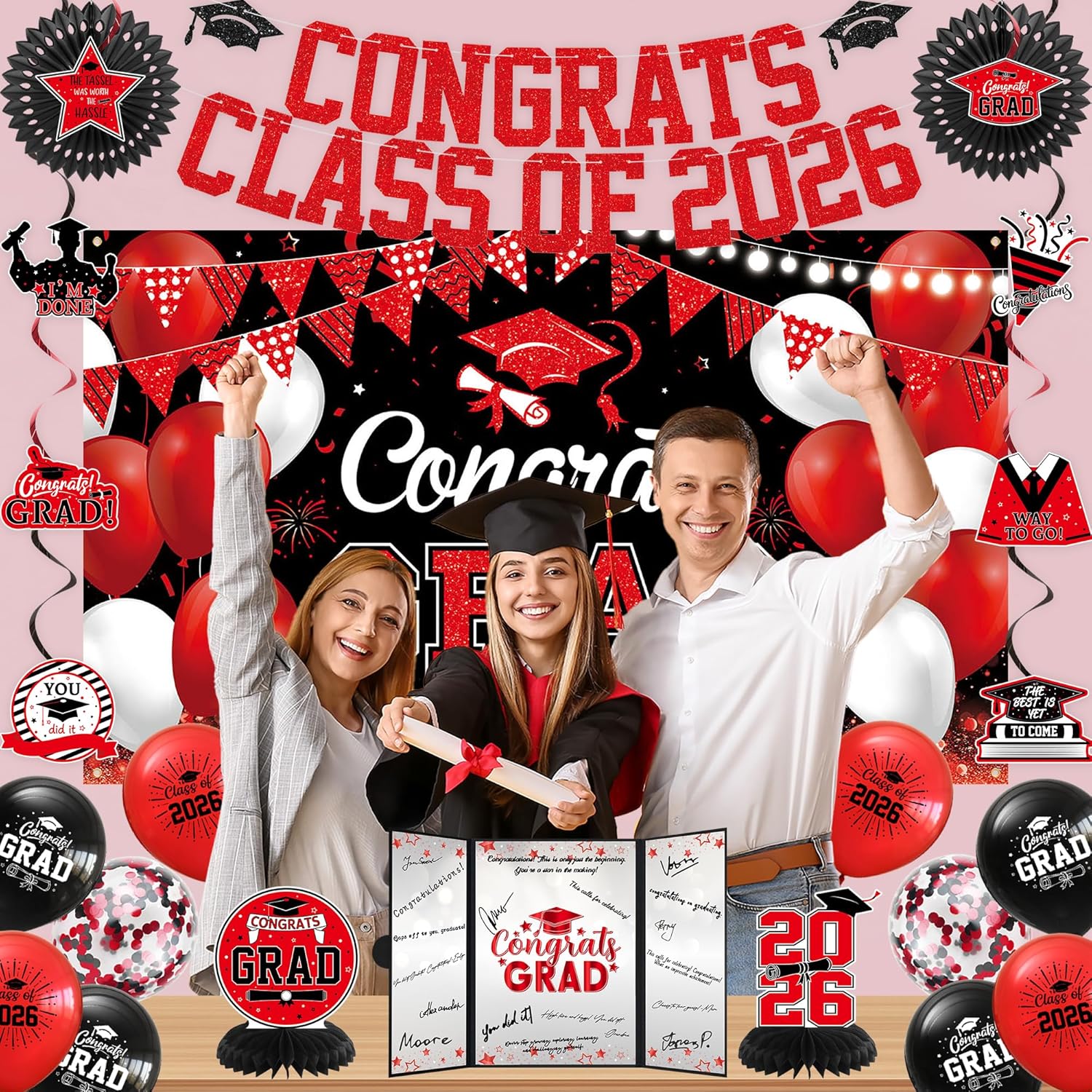 Trgowaul 2026 Graduation Party Decorations, Black Red Class of 2026 Guest Book Alternative, Grad Banner Backdrop, Congrats Grad Signature Certificate Board, Paper Fan, Graduation Party Supplies Favors