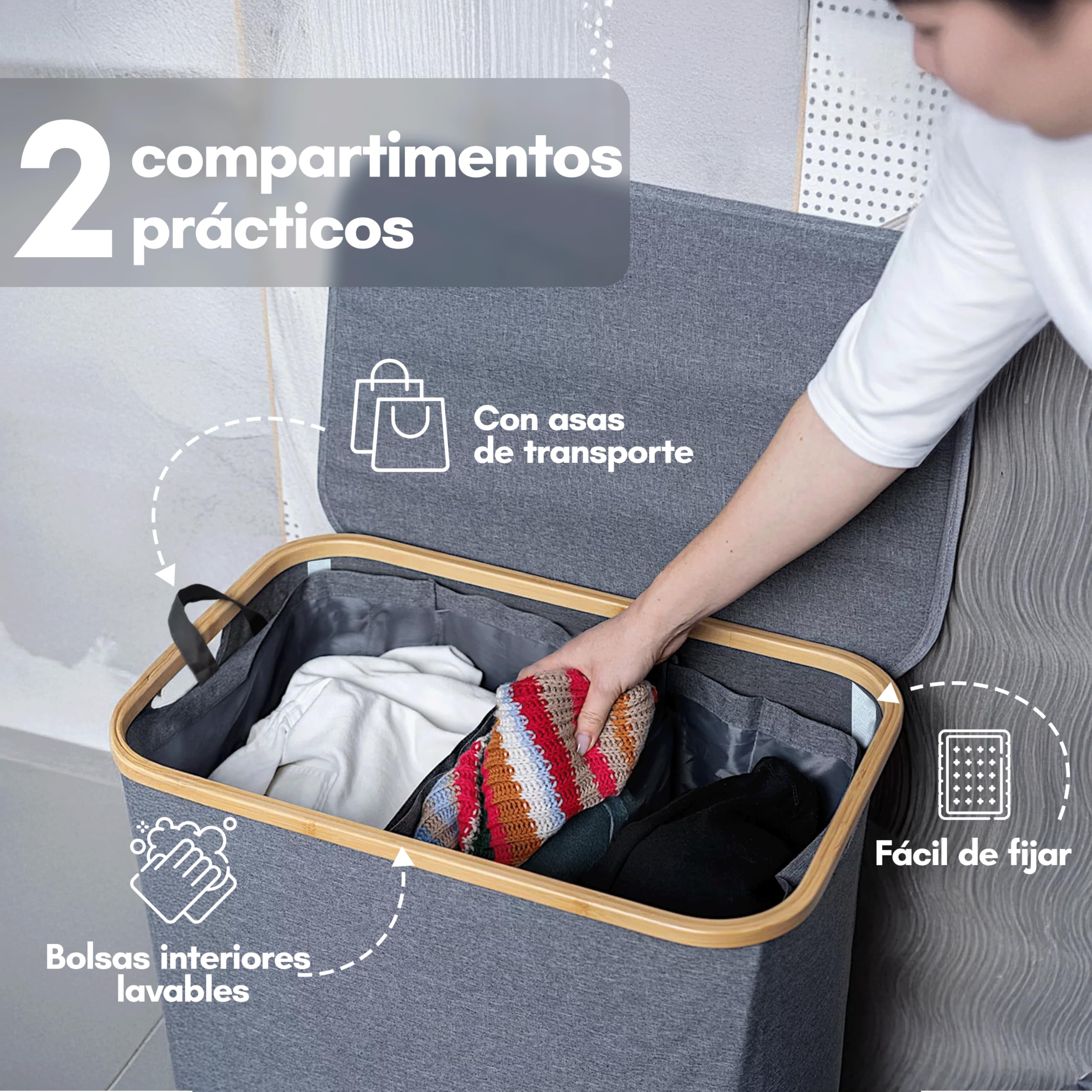 Cesto de ropa sucia con tapa, baúl de lavandería con 2 compartimentos, 100 litros, estrecho y alto, tejido Oxford, estructura estable, gris