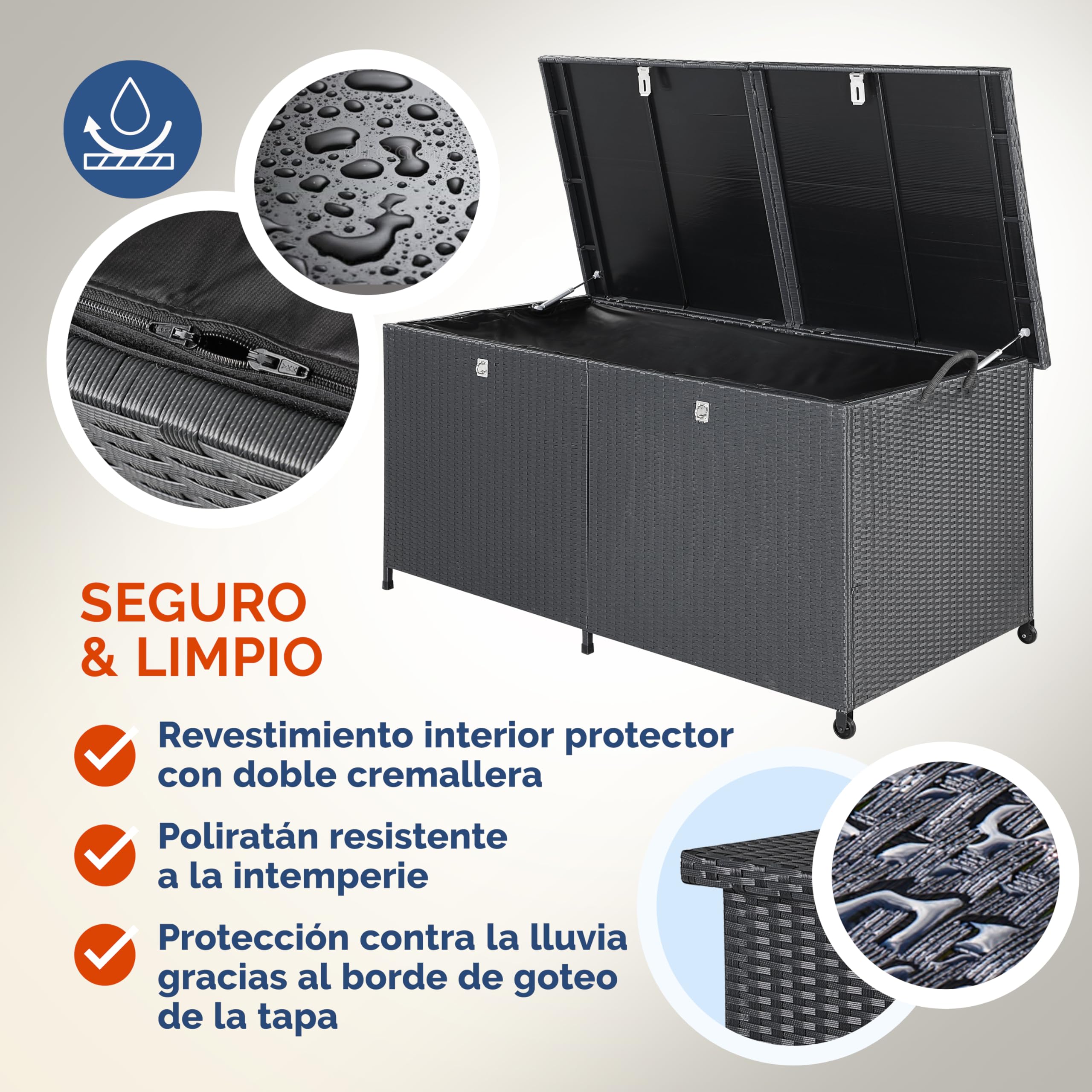 CASARIA® Baúl de Jardín de Poliratán XXL 625L Negro con Ruedas Arcón de Jardín Impermeable 150x77x73cm