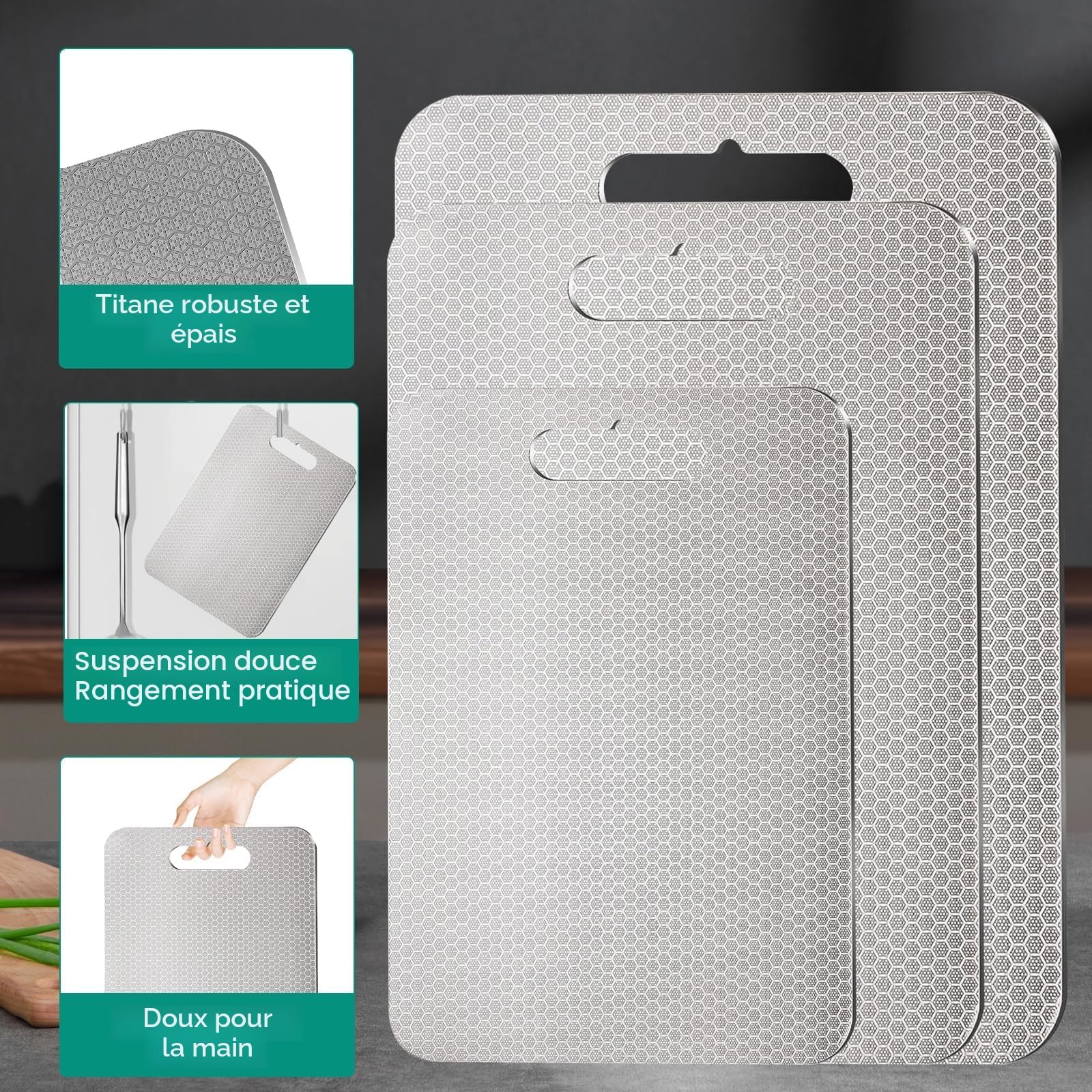 Set di 3 taglieri da cucina in titanio al 100% - nuova versione, resistente ai graffi, a doppia faccia, senza BPA - Scelta igienica e durevole per la cucina moderna