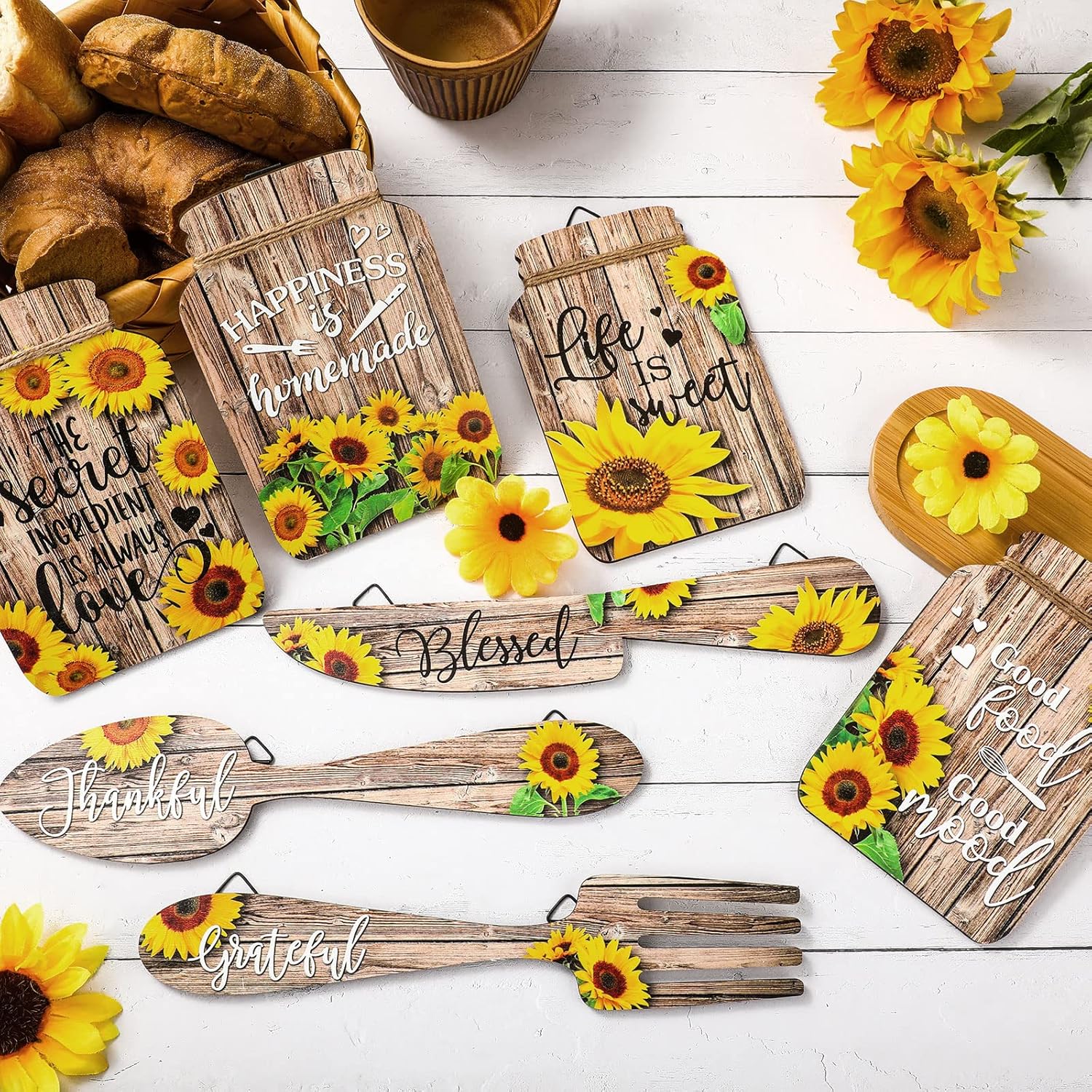 Roshtia 7 Pcs Sunflower Kitchen Decor Kitchen Wall Decor Accessories Mason Jar Set Wooden Rustic Hanging Sunflower Wall Art Knife Fork and Spoon Wall Decor Farmhouse Kitchen Signs Plaques for Home : Home & Kitchen