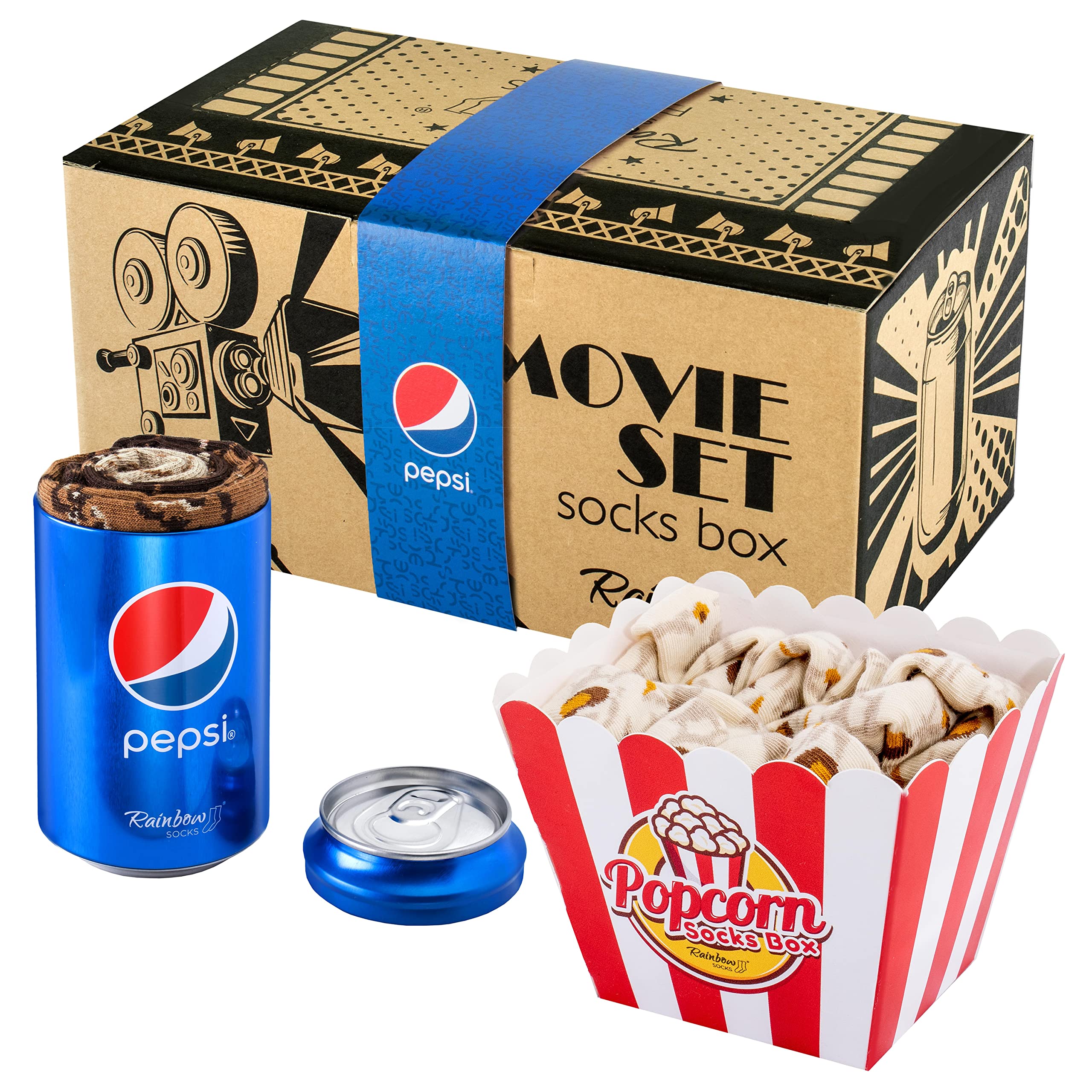 Rainbow Socks - The Movie Set of Cotton Popcorn and Pepsi Socks in a Tin for Fans of Movies - Women Men - Sizes 7-11