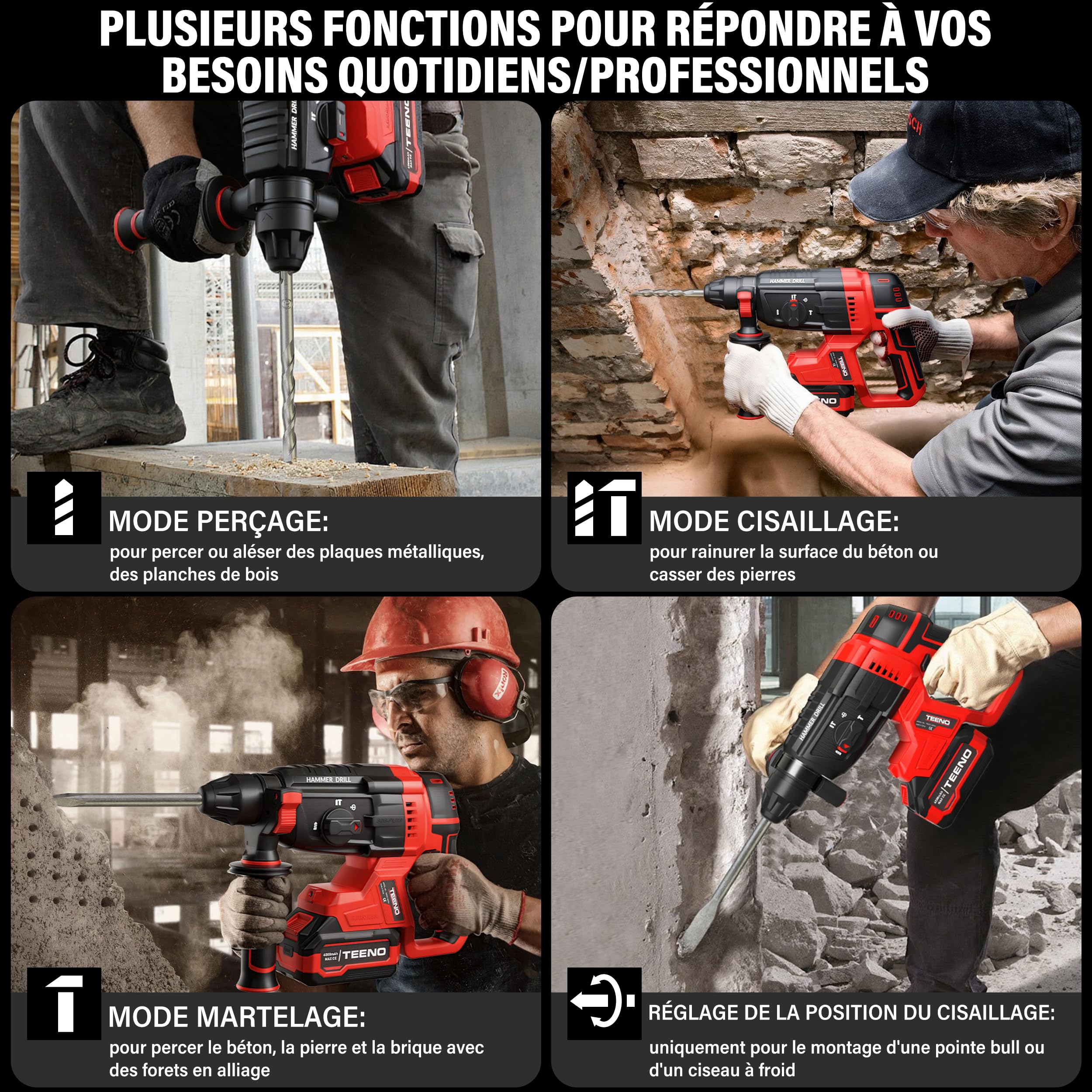 TEENO Marteau Perforateur sans Fil 20V Brushless, 2 Batteries 4.0Ah & Chargeur, 1500RPM, 4850BPM, SDS-PLUS, LED, Design Antivibration, Perforateur Burineur avec 8 Accessoires et Coffret