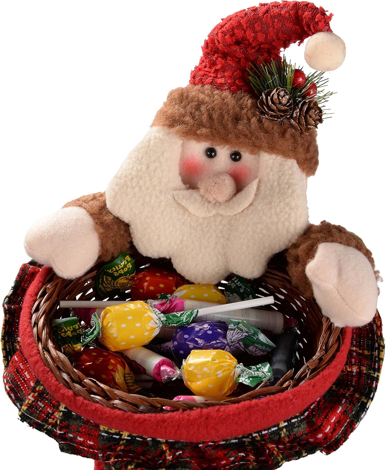 45 Cm Father Santa Claus Nuts Treats Sweets Christmas Wicker Basket Table Decoration in Red and Green Tartan