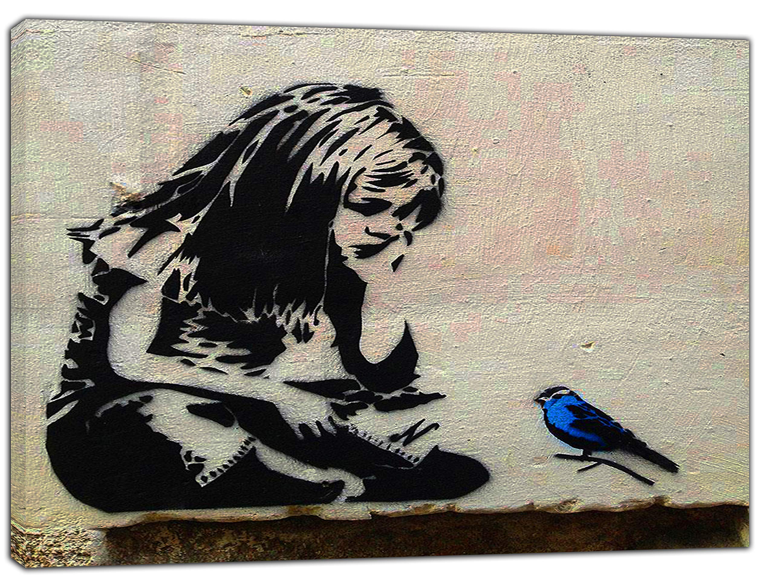 ARTSPRINTS Banksy Girl with Blue Bird Art Reprint on Framed Canvas Wall Art Home Decoration 16 x 12 inch(40x 30 cm) -38mm Depth