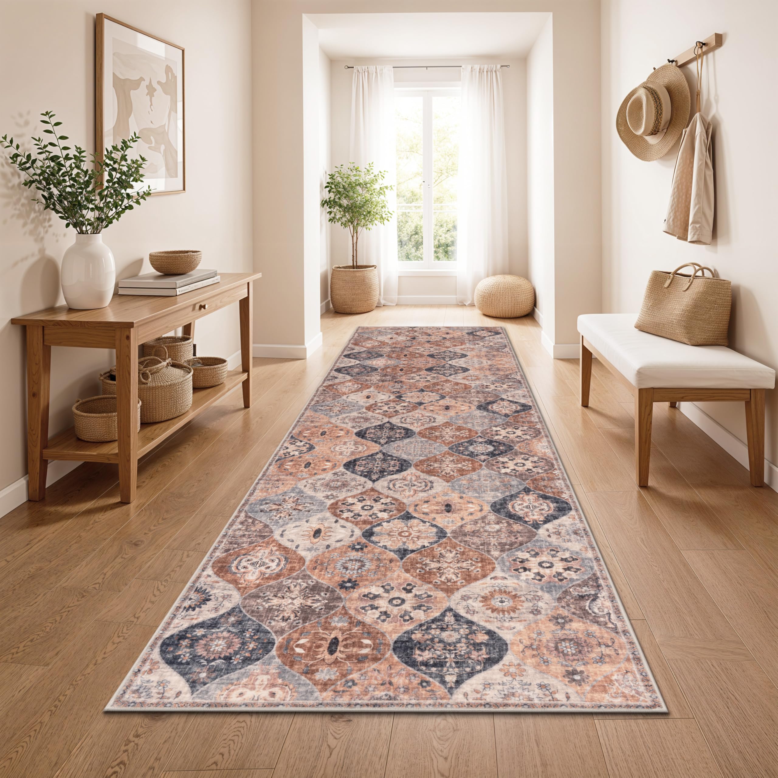 Paco Home Vintage Teppich Läufer Kurzflor Boho Stil Waschbar & rutschfest pflegeleicht modernes Retro Design, Farbe:Beige 1, Größe:80x300 cm