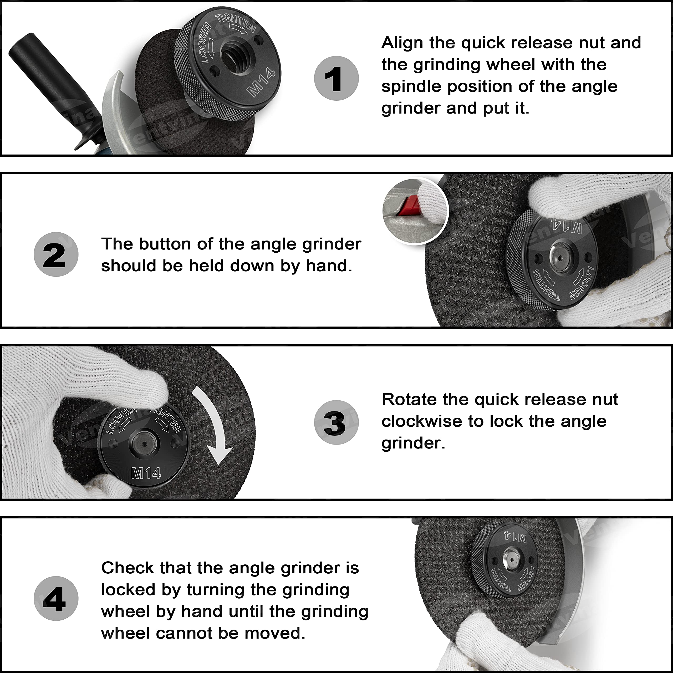 Ecrou à dégagement rapide Ventvinal SDS Clic M14, pour toutes les meuleuses d'angle d'AEG, Black & Decker, Dewalt, Flex, Hitachi, Metabo, Makita etc. (2x écrou de serrage), noir