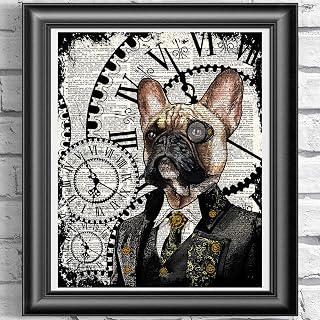 French Bulldog Steampunk art print, Dog Home Decor on antique dictionary book page