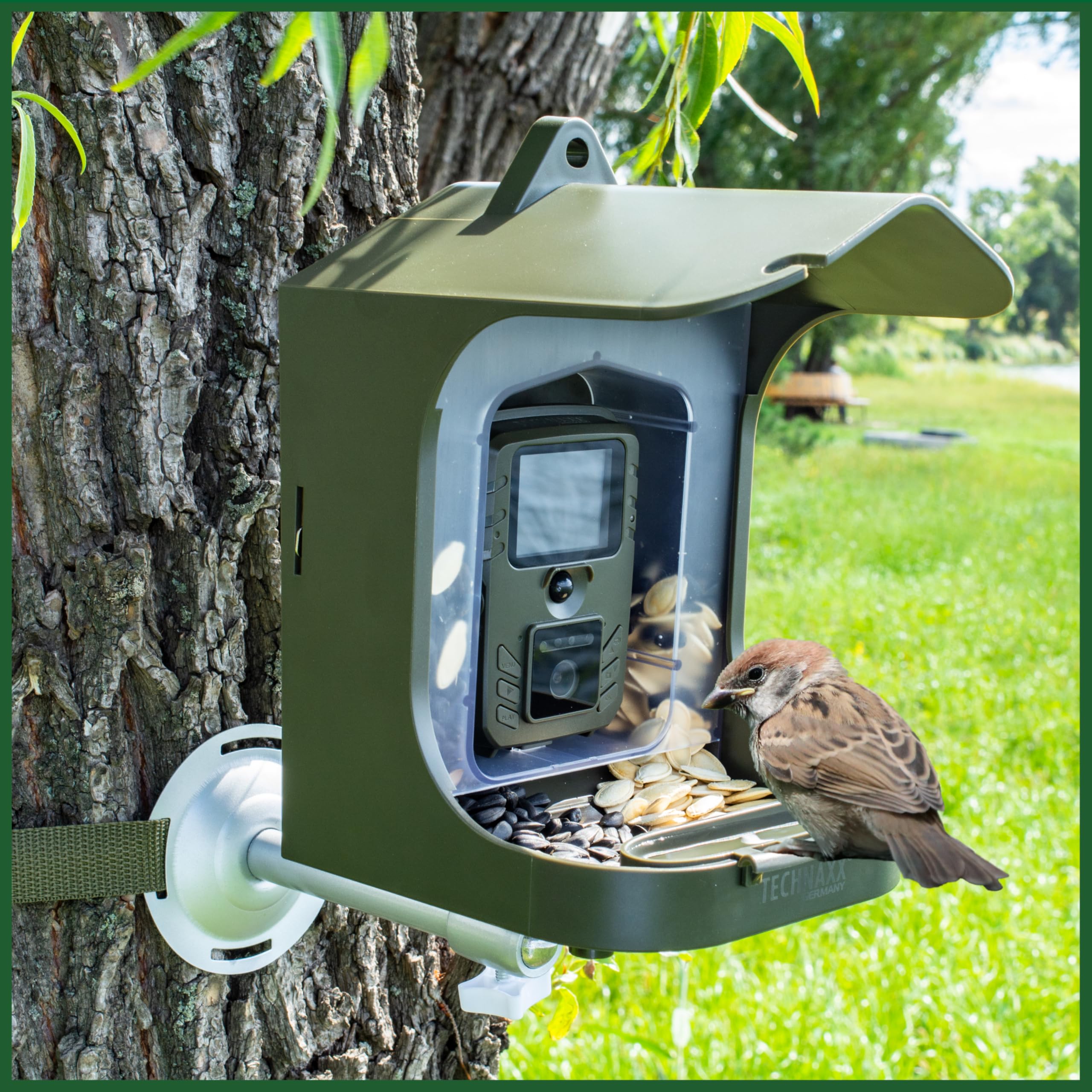 Technaxx Estación de la cámara del alimentador del pájaro de Technaxx con el convite Que cuelga, Caja de 150 g para el alimento y - resolución Video de FullHD - Kit versátil de la instalación TX-165
