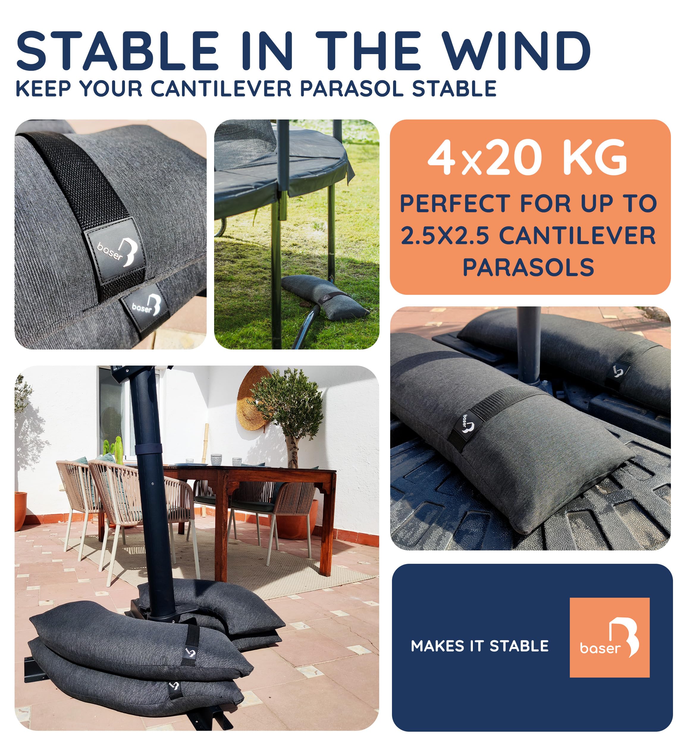 Baser Heavy Duty Fillable Sandbags for Cantilever Umbrellas and Trampolines Windproof Outdoor Furniture Weights - Image 3