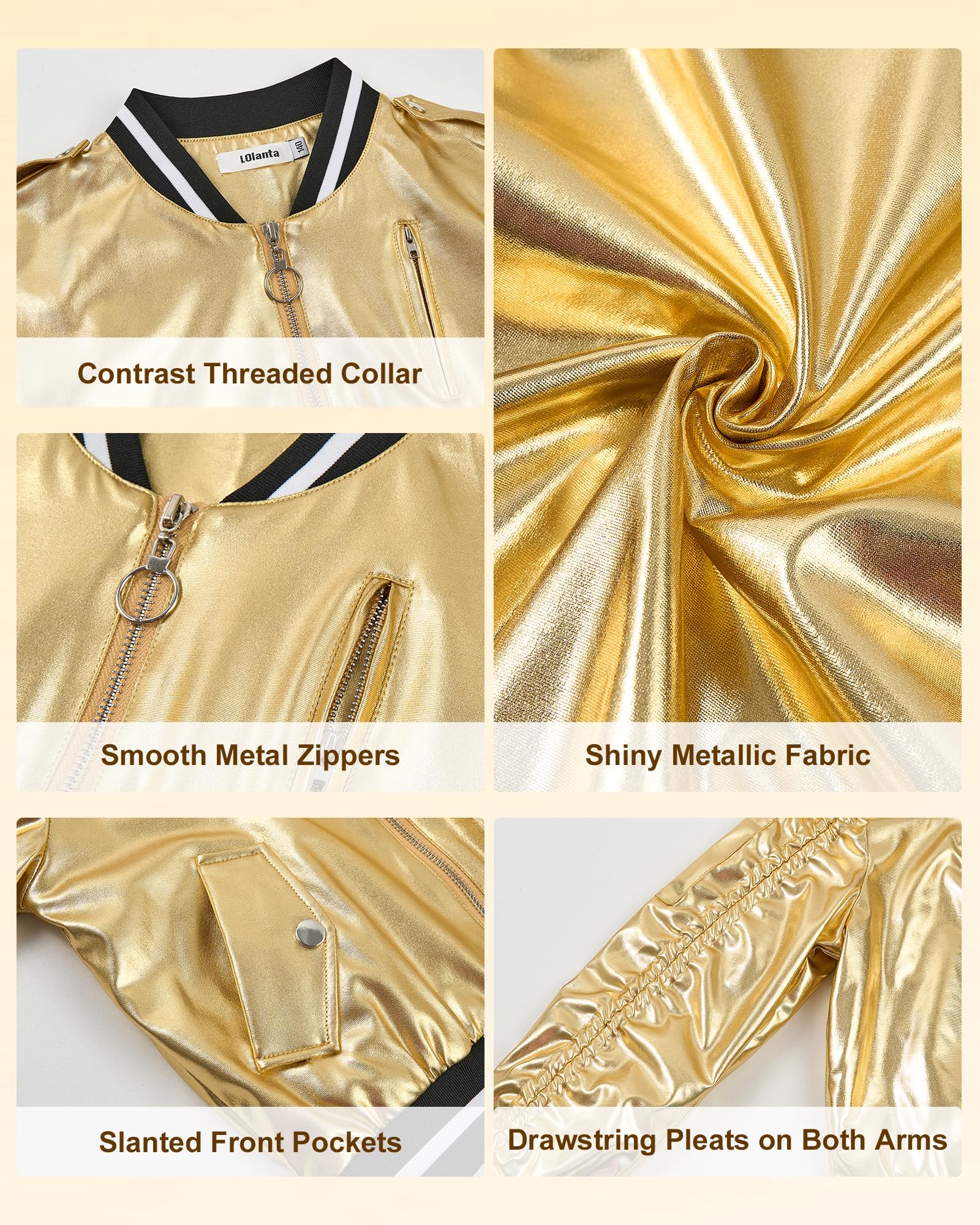 LOLANTA Blouson Bomber Métallique Brillant pour Fille, Veste Holographique Y2K Style Futuriste pour Halloween et Carnaval, 4-12 Ans