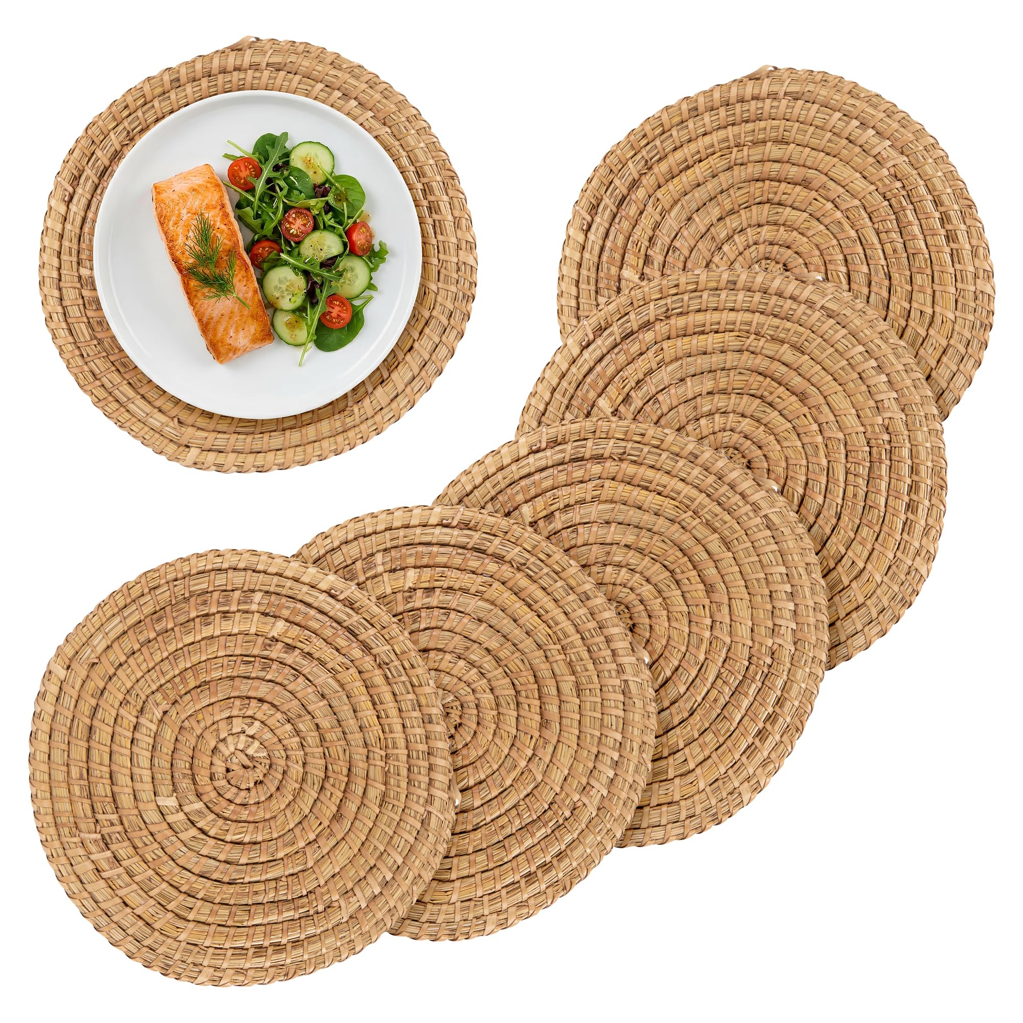 Argon Tableware 30cm Round Woven Palm Leaf Placemats - Pack of 6 - Brown