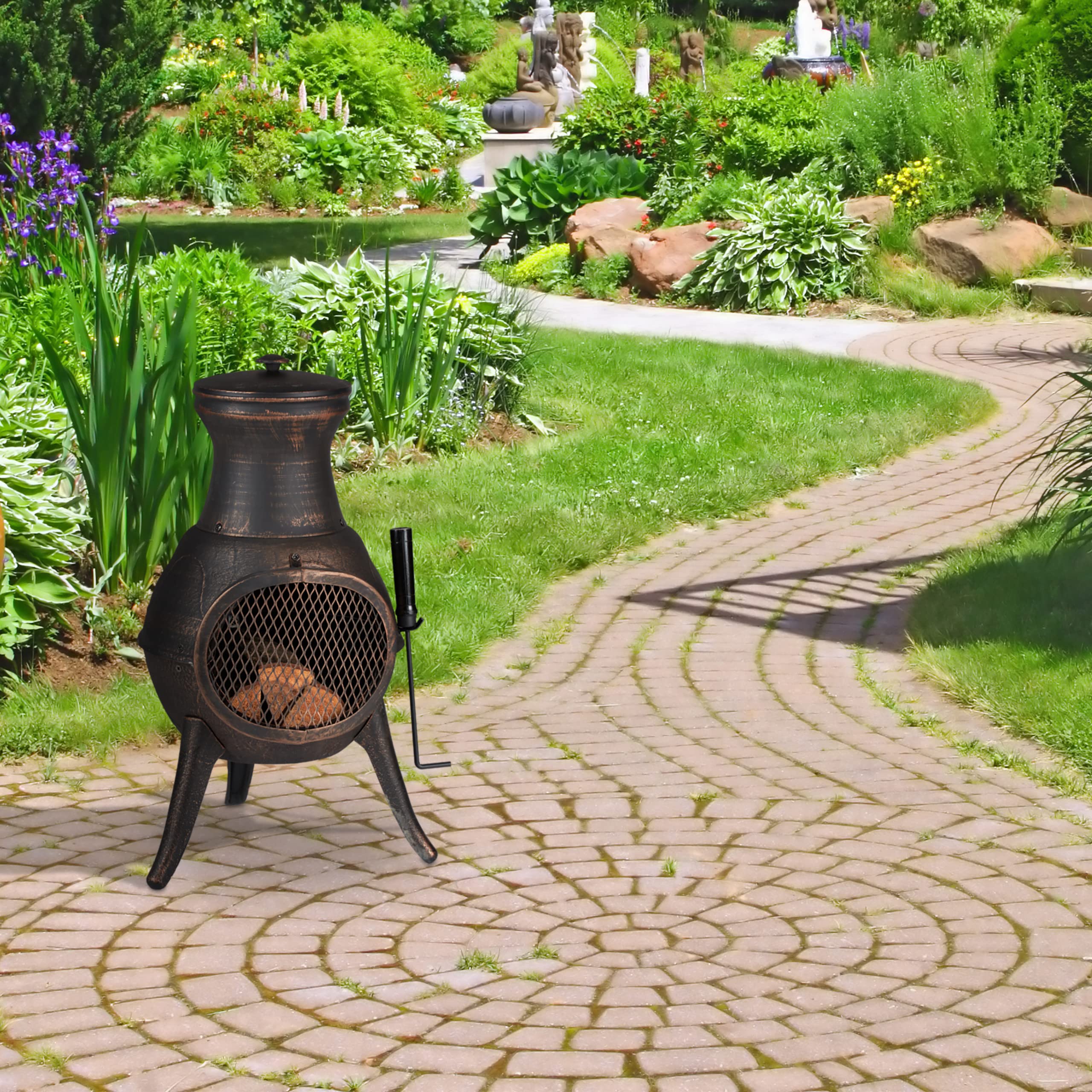 Relaxdays Camino da Giardino e Veranda, Ghisa e Acciaio, Parascintille, Attizzatoio, HxLxP 71,5 x 39 x 35cm, Nero/Bronzo