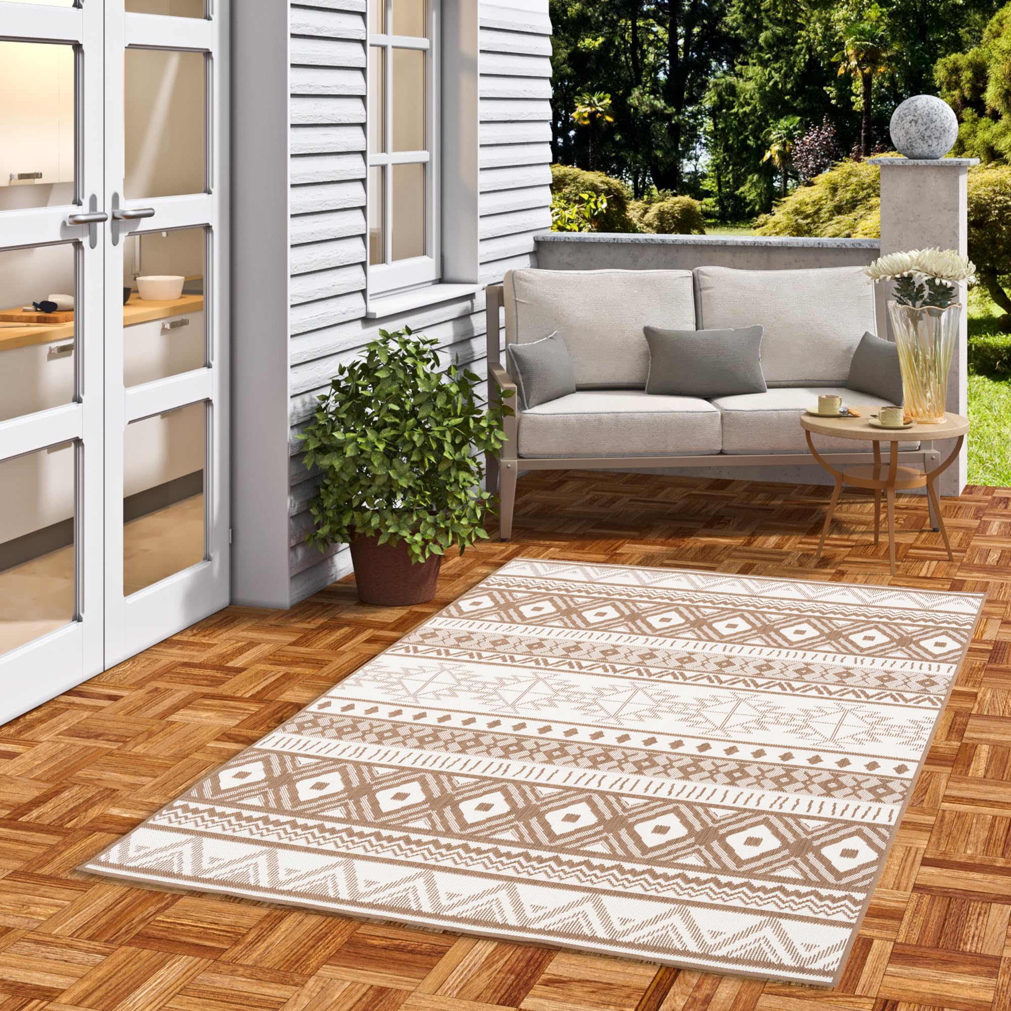 Pergamon Tapis intérieur & extérieur Cape Cod Ethno Beige Marron, Réversible, Imperméable, Résistant aux UV, Entretien Facile, Design Moderne - Dimensions Multiples