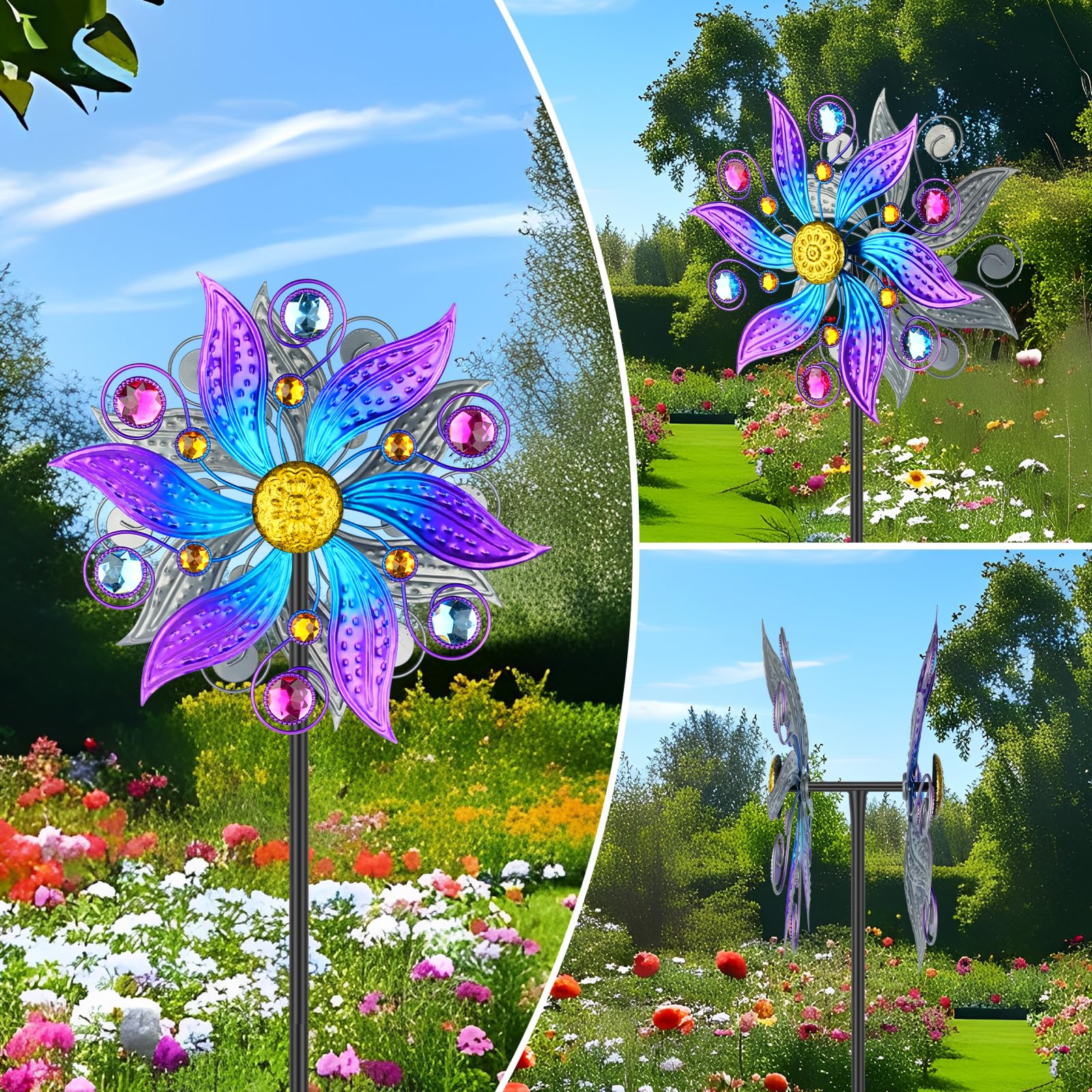 HJ24030 - Molinillo de viento para exteriores, diseño de flores moradas con estaca de metal, decoración artística de patio para patio, césped y jardín, regalos creativos de 57.5 x 13.3