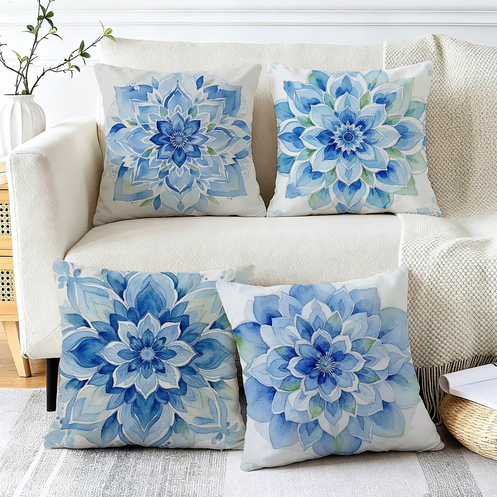 Blu Federe Cuscini Divano 40x40cm, Cuscini da Esterno Set de 4, Cod-145 | Velour Copricuscini Decorativi Letto Arredo, per Letto, Soggiorno, Giardino, Esterno, Casa Decorazione Set di 4 Mandala