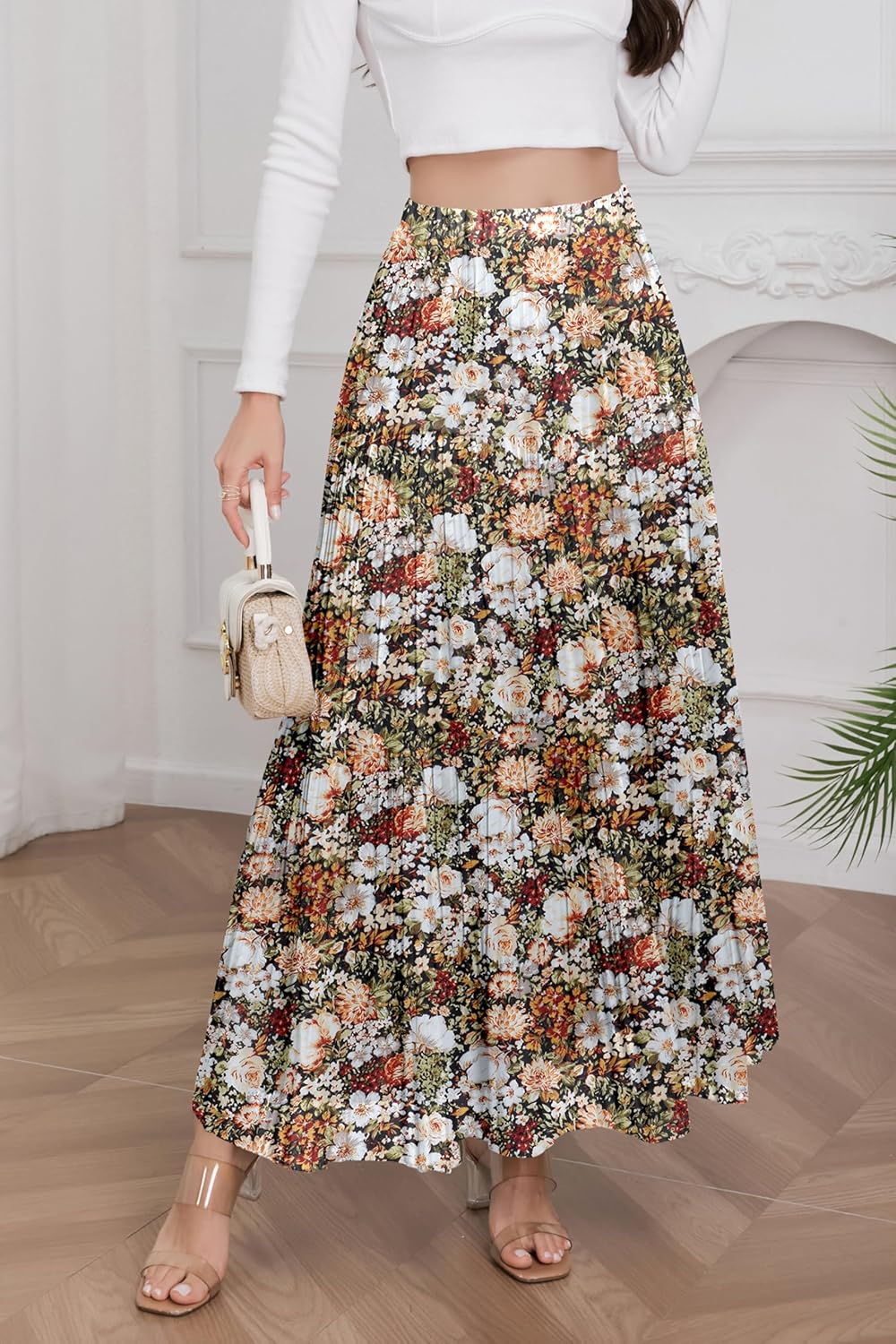 Womens Floral Long Skirts Chiffon Flowy Maxi Skirt High Waist Pleated Casual Boho Skirt - Image 2