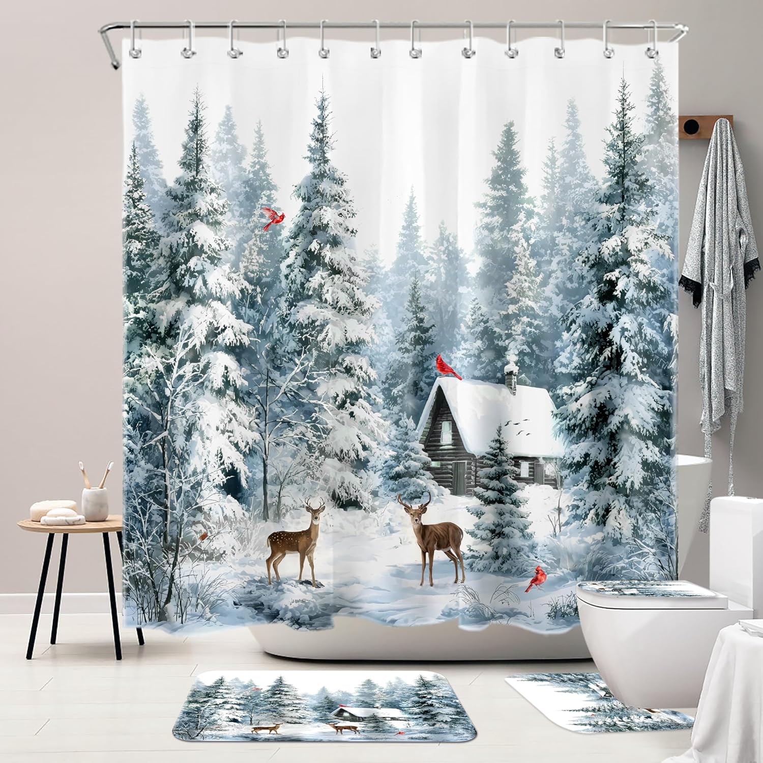 4 Pcs Winter Deer Bathroom Set with Shower Curtain and Rugs, Snowy Pine Forest Rustic Cabin Holiday Decor Shower Curtain Bathroom Rugs Toilet Seat Bath Mat, 72x72 Inch